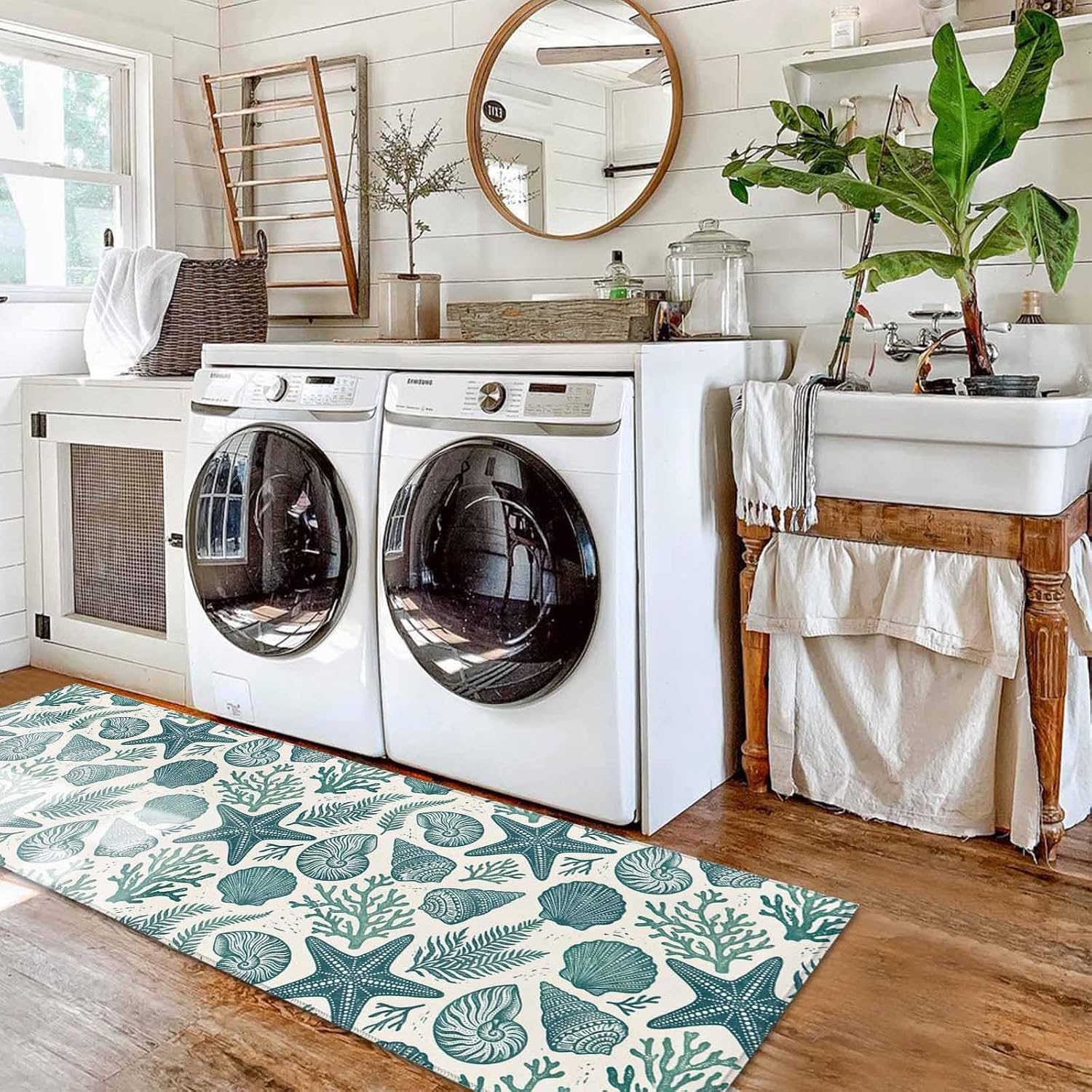 Teamery Kitchen Mats for Floor Coastal Green Starfish Conch Washable Non Slip Kitchen Rugs 2PCS, Corals on Cream Background Absorbent Standing Mats for Sink Office Living Room 15.7x23.6in+15.7x47.2in