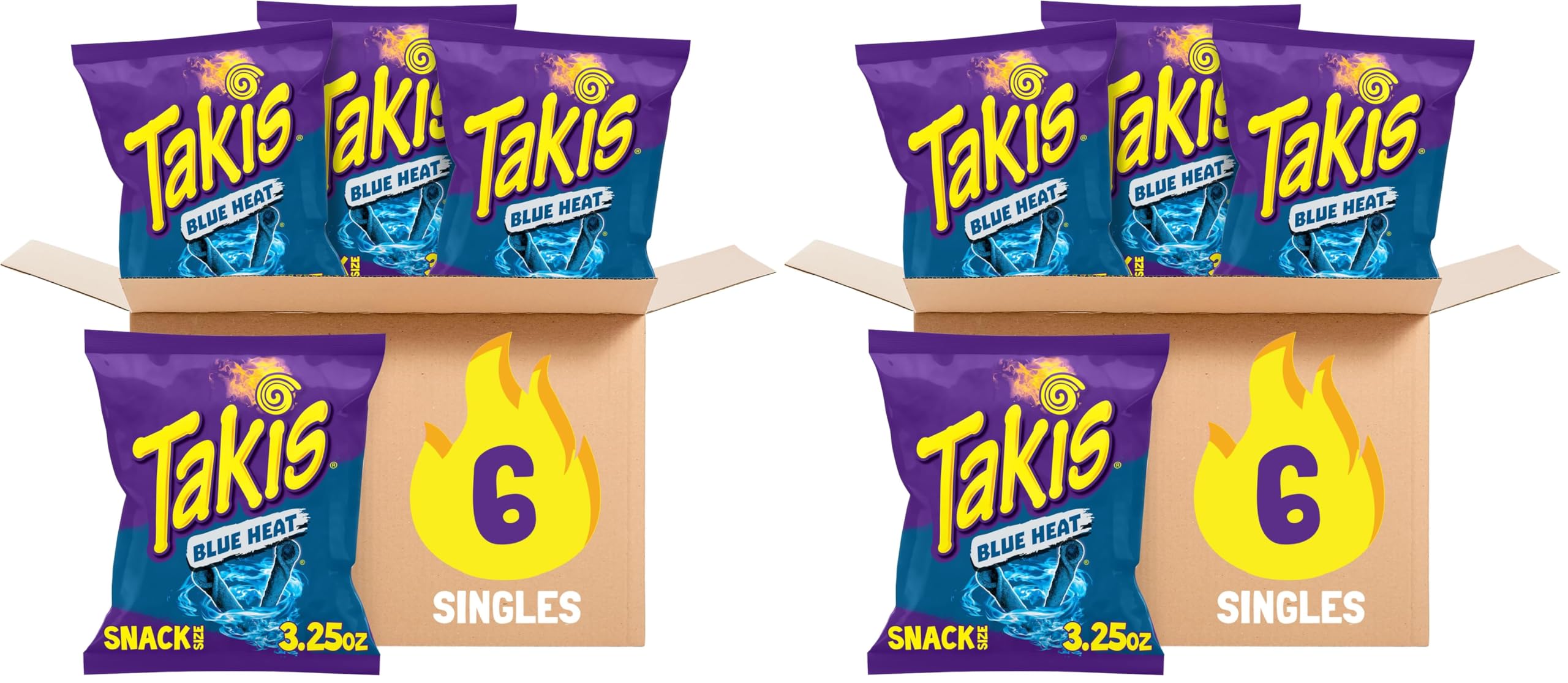 TakisBlue Heat 6 pc / 3.25 oz Snack Size Case, Hot Chili Pepper Flavored Extreme Spicy Rolled Tortilla Chips (Pack of 2)