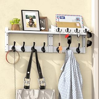 29'' White Coat Rack Wall Mount with Shelf and Key Hooks, Solid Wood Key Holder Wall Mount, Farmhouse Wall Organizer for Mail, Entryway Wall Hangers for Hats, Clothes, Backpacks, Dog Leashes, Mudroom