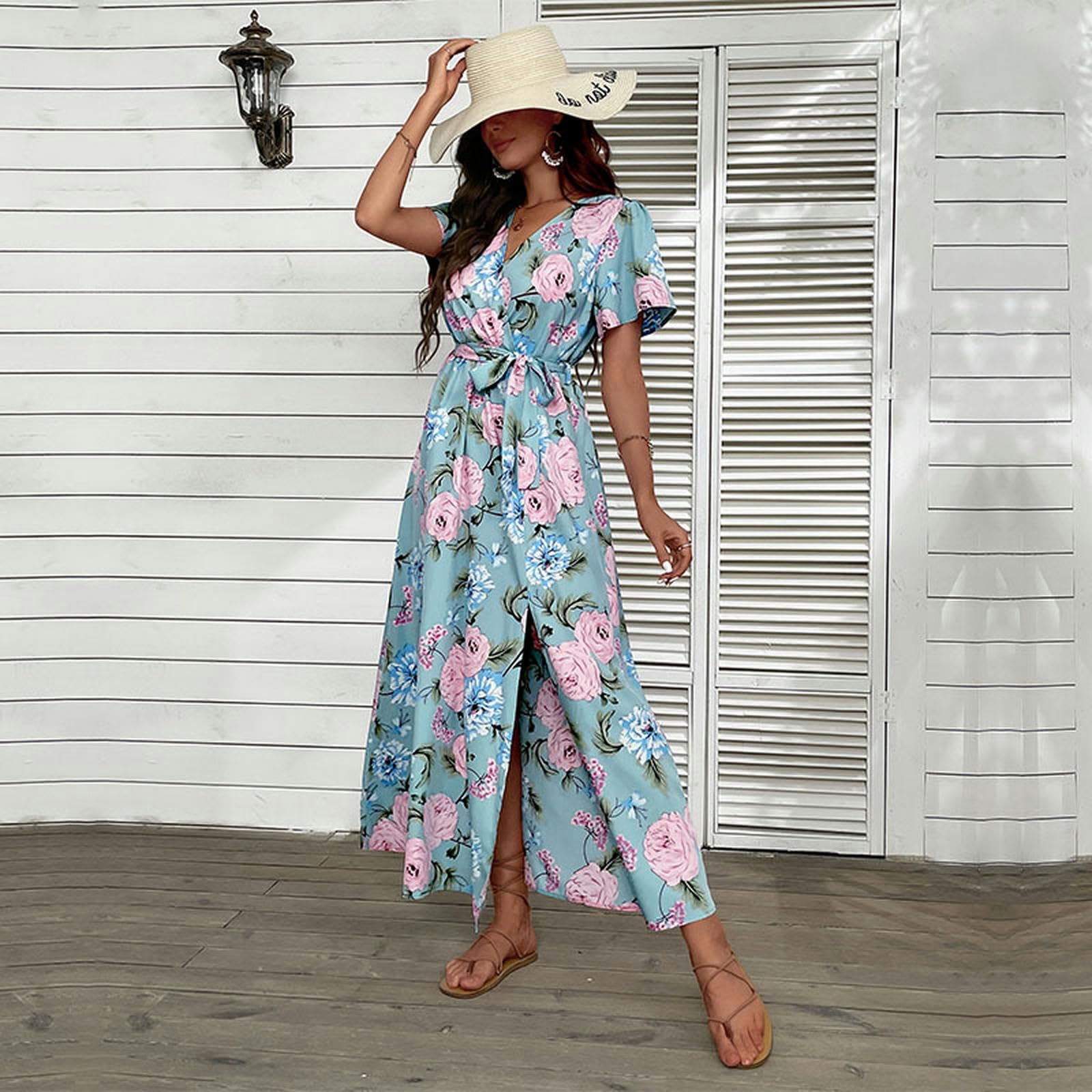 Vestidos de verano para mujer, vestido midi con cuello en V, manga larga, floral, vestido de primavera para mujer, YYEFNMAZ