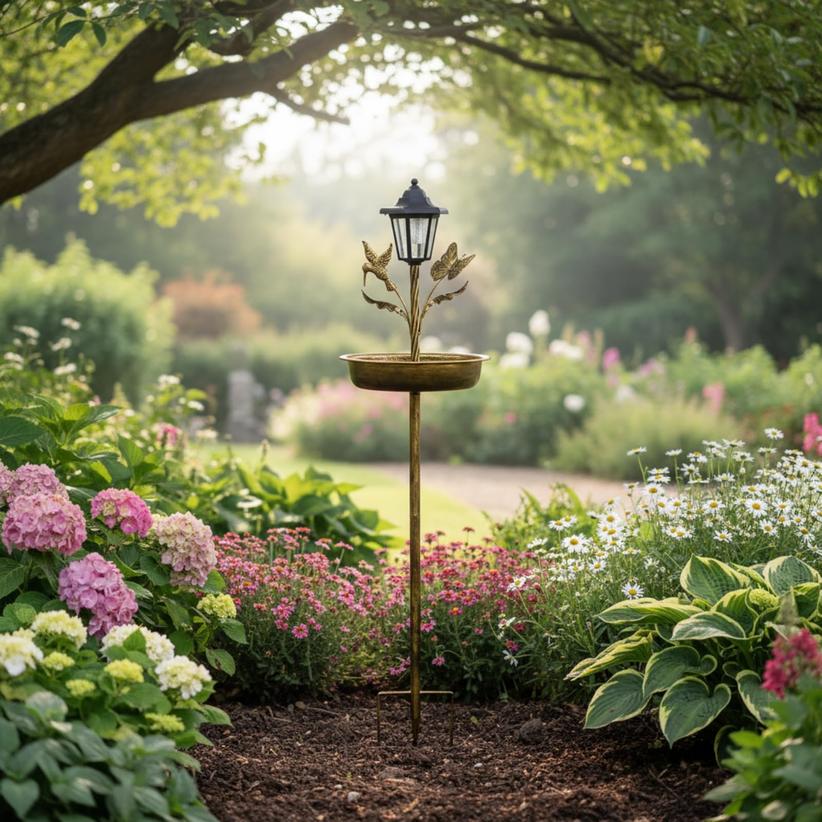 Bagno per Uccelli da Giardino Fontana Ciotola Mangiatoia Decorazione in Lanterna Foglie E Fiori su Picchetto Stabile Adatto per Aiuole Terrazze Cortili