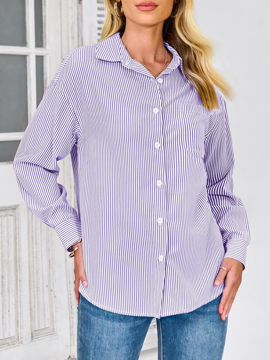 PRETTYGARDEN Womens Button Down Shirts Striped Long Sleeve Casual Collared Office Business Work Blouses Tops Spring Clothes - Image 5