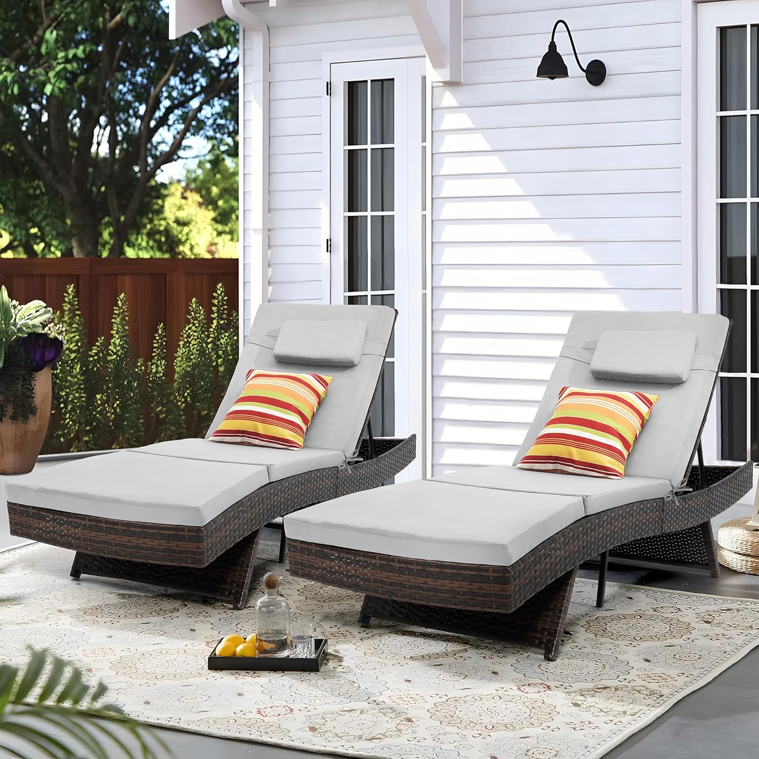 Sundale Outdoor Wicker Chaise Lounge Set of 2, Rattan Patio Lounge Chairs for Outside, Adjustable Chaise Loungers with Cushions & Pillows for Deck, Indoor, Yard, Grey