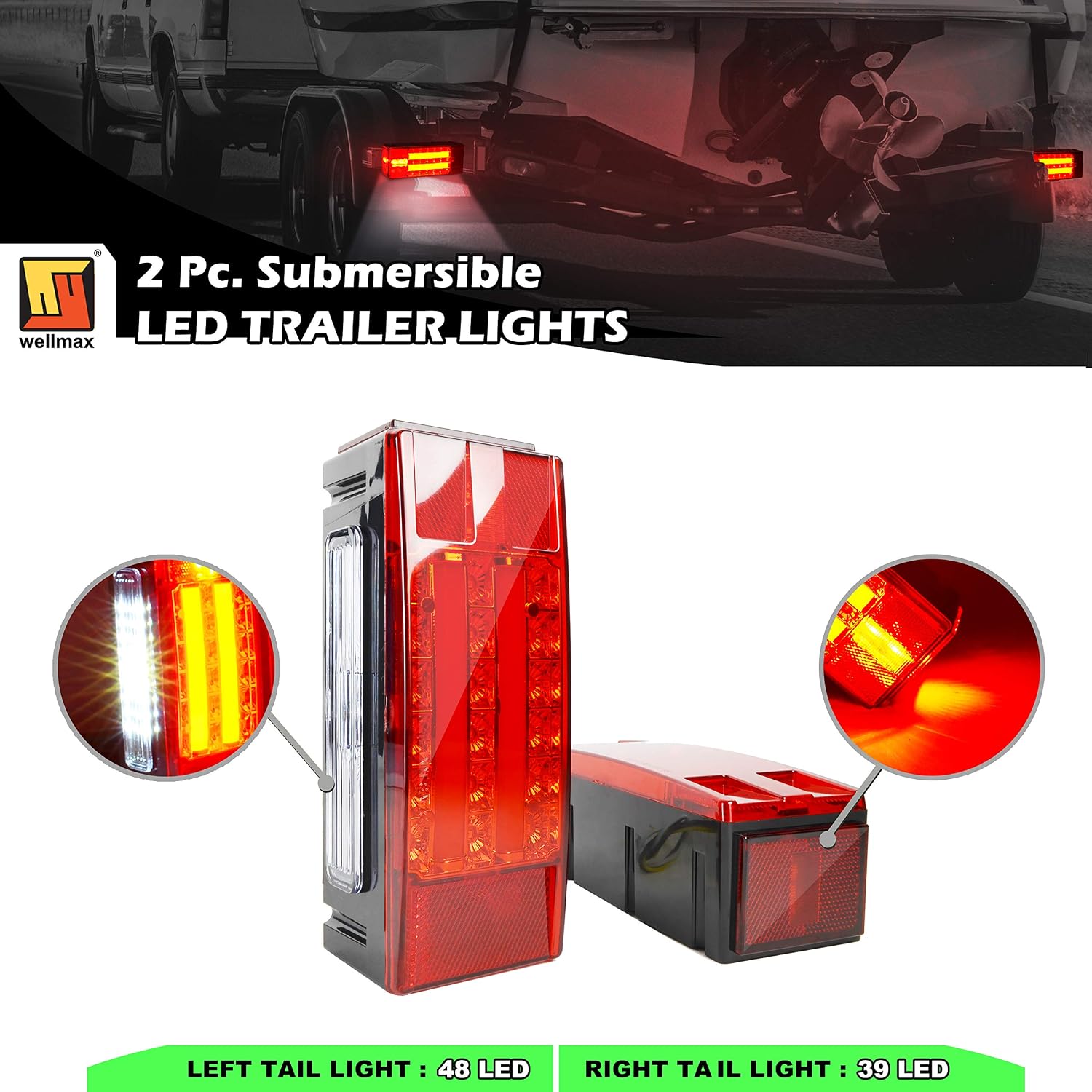 Wellmax LED trailer lights, Led boat trailer lights submersible, 12V utility marine trailer light waterproof and DOT approved