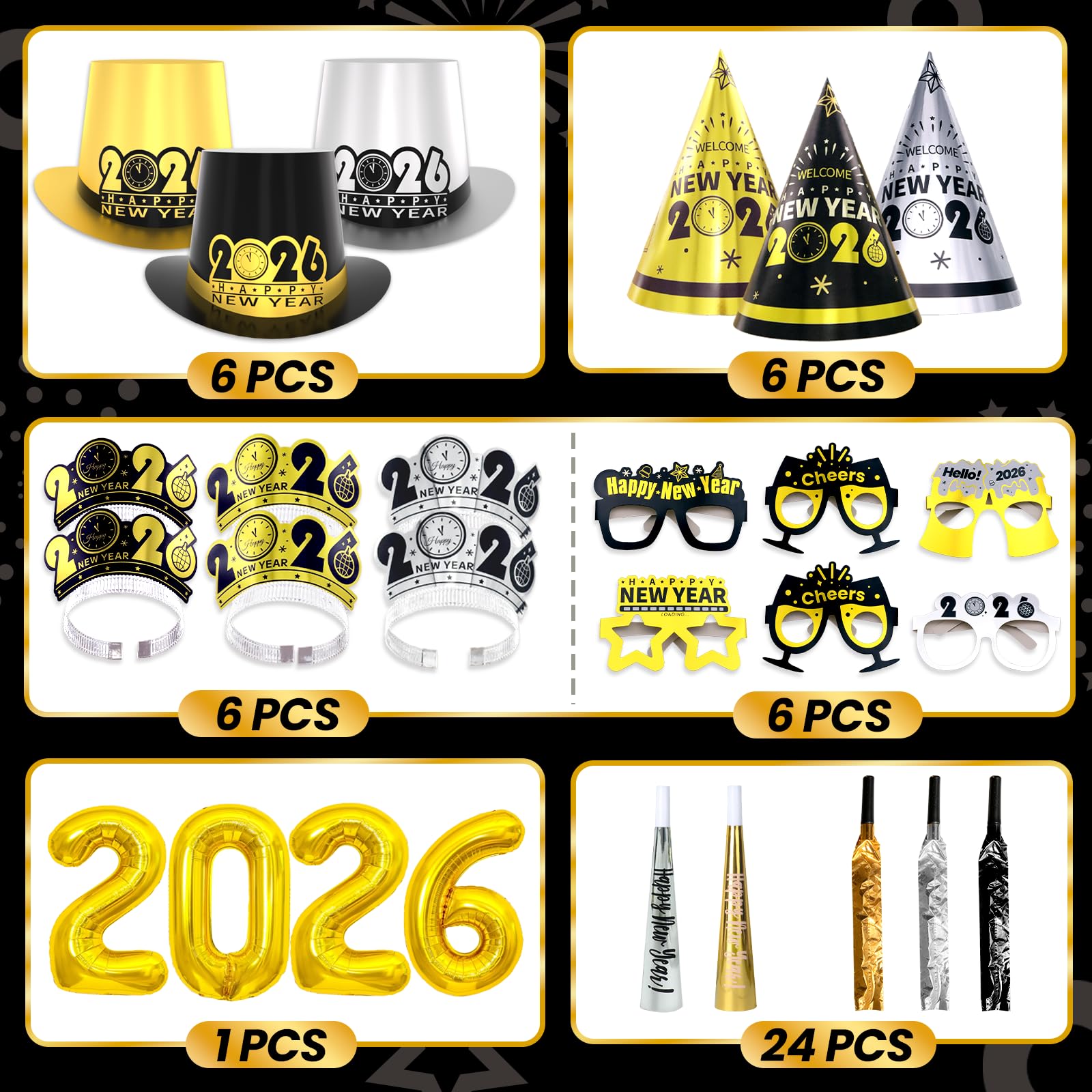 Decorazioni per feste di Capodanno 2025 - Set da 24 ospiti con cappelli, occhiali
