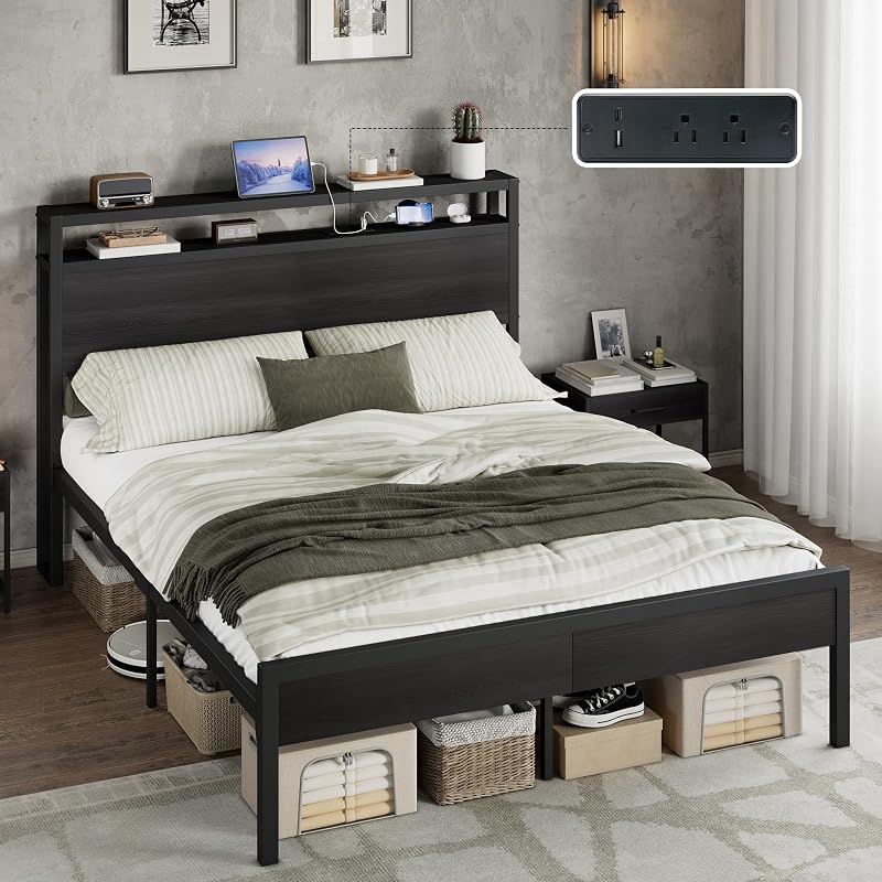 AMERLIFE Queen Size Platform Bed Frame with Charging Station