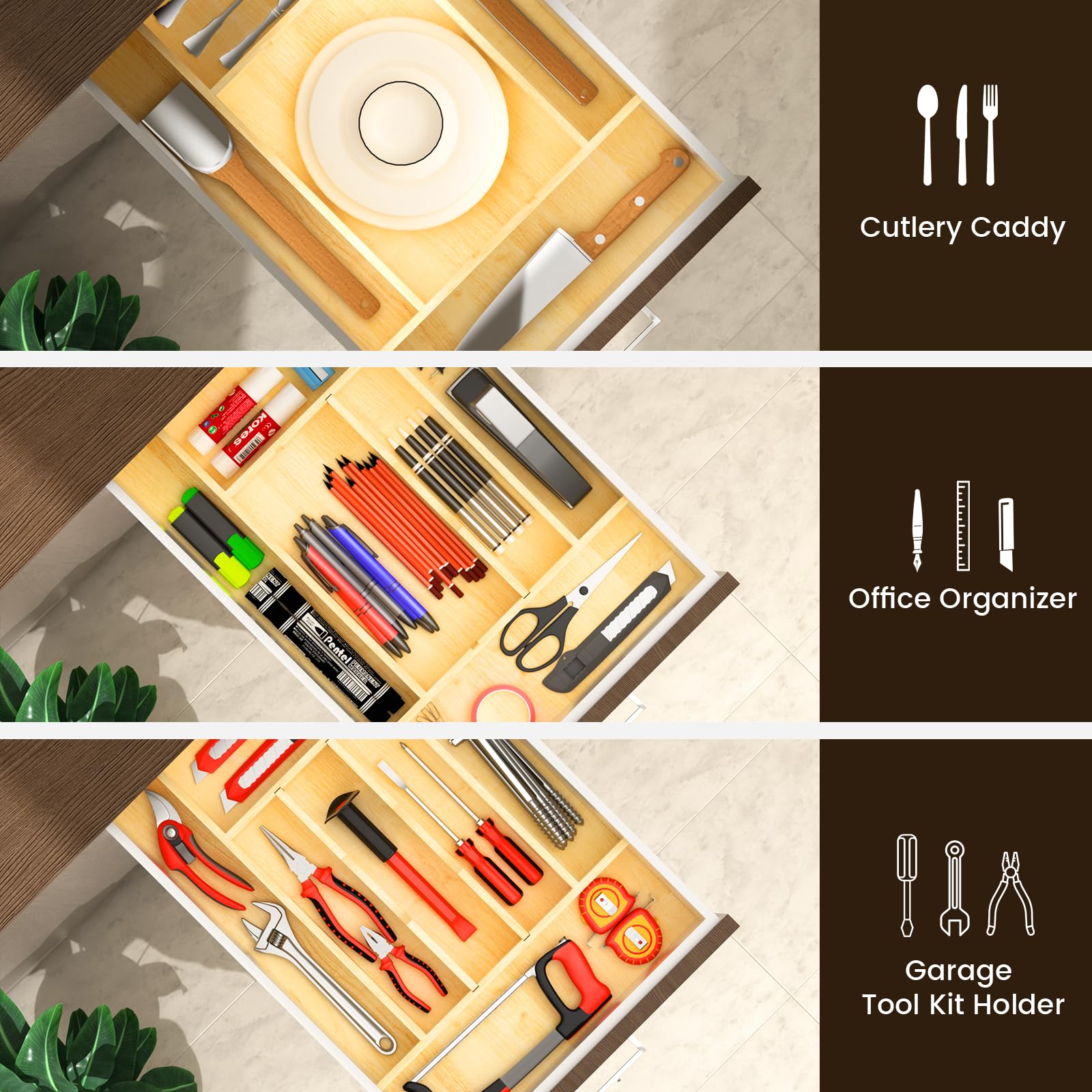 Organizador de cajones de madera con división ajustable para utensilios, cubiertos y cubiertos (33.5 cm de ancho x 49.5 cm de profundidad x 6.3 cm de alto)