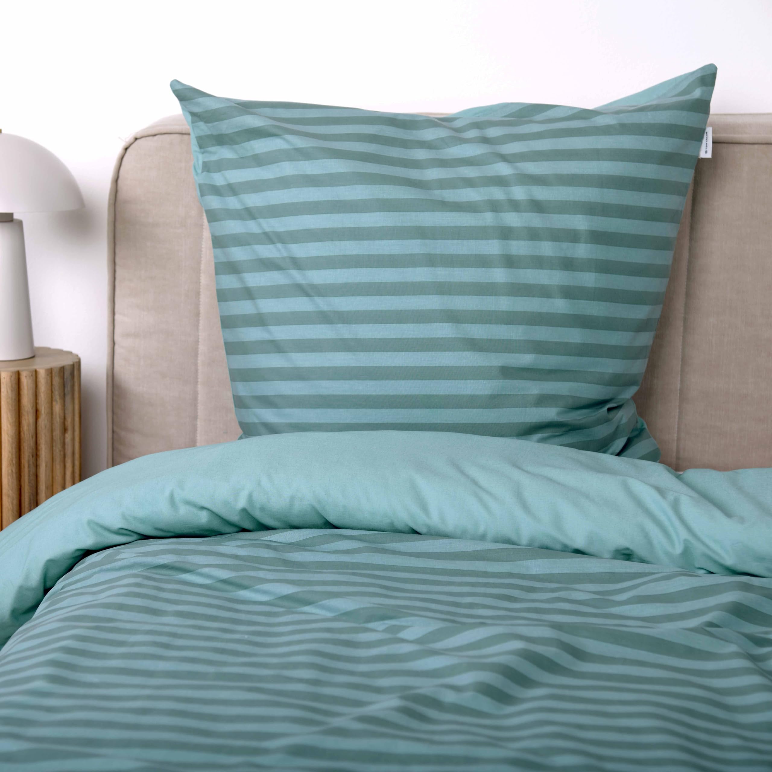 TOM TAILOR Renforcé-Bettwäsche, 2 * 80x80 + 200x220 cm, 100% Baumwolle/Renforcé, mit Wendemotiv und farbigem Reißverschluss, MEDIUM Stripes Türkis (Fresh Sage, Smokey Sage)