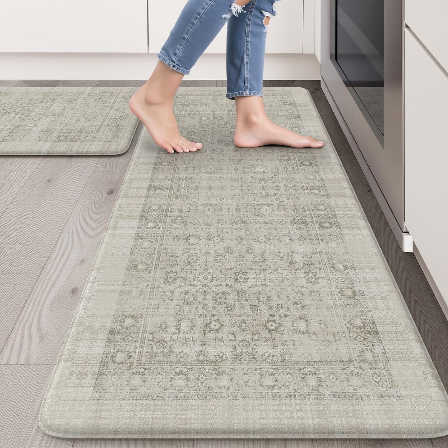 farmhouse kitchen anti fatigue mat, non slip cushioned kitchen floor mats waterproof kitchen rugs 20"x47"+20"x32", ergonomic standing desk mat for office laundry sink(light grey) 20" x 47"+20" x 32"--0.47 inches light grey