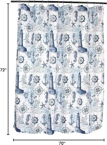 Miniatura 5 de Cortina de ducha de tela costera de playa para baño faro náutico de verano, capitanes de ancla, rueda de océano, mar, caballo vida (azul, blanco)