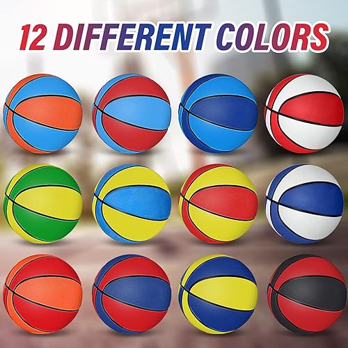 Miniatura 7 de Wettarn 12 mini pelotas de baloncesto para niños, tamaño 3, de goma colorida a granel con bomba para mini aro, práctica en interiores y exteriores