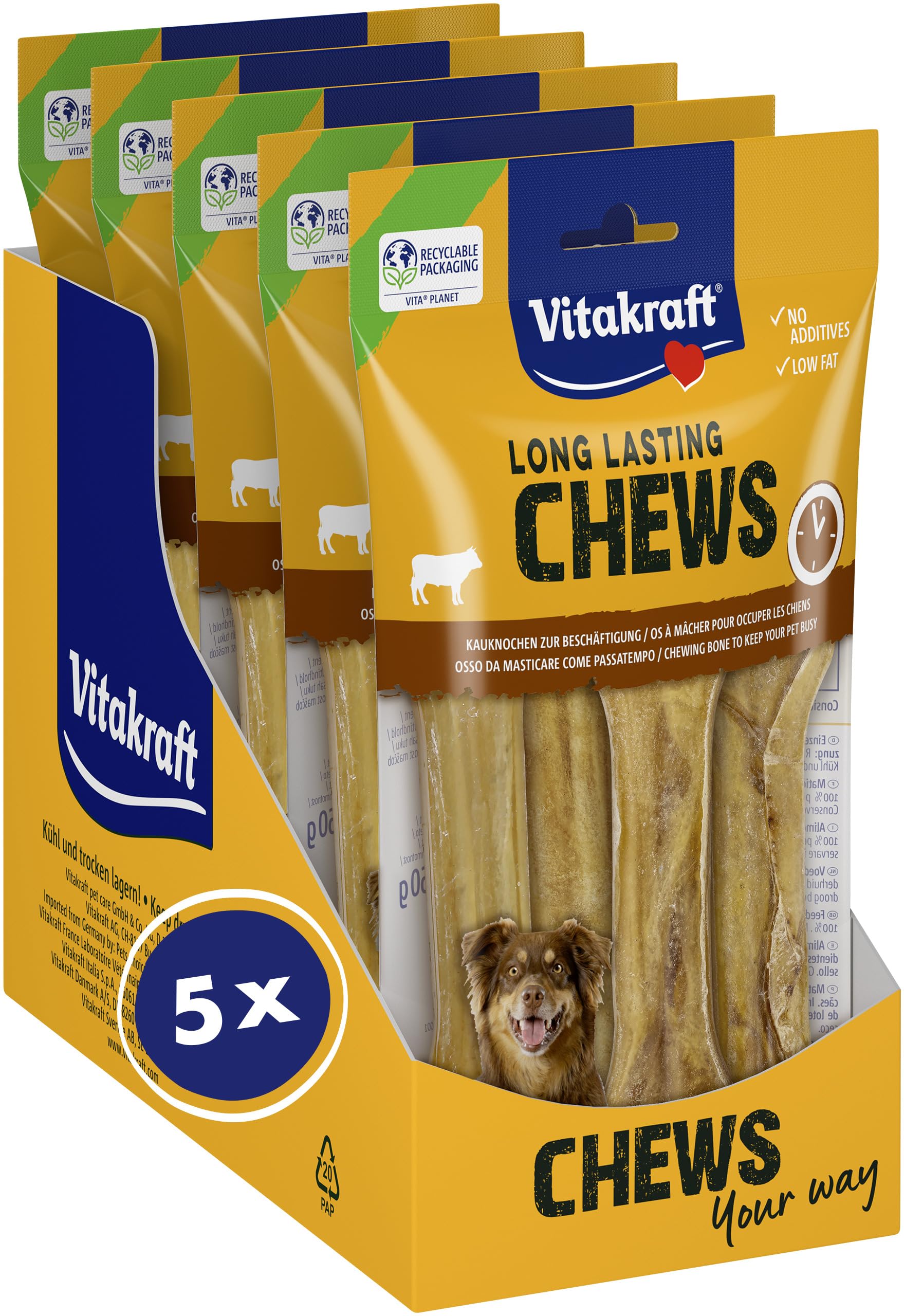 Vitakraft Long Lasting Chews, huesos masticables para perros, huesos masticables hechos de piel de vacuno, para una actividad intensiva (5x 360g)