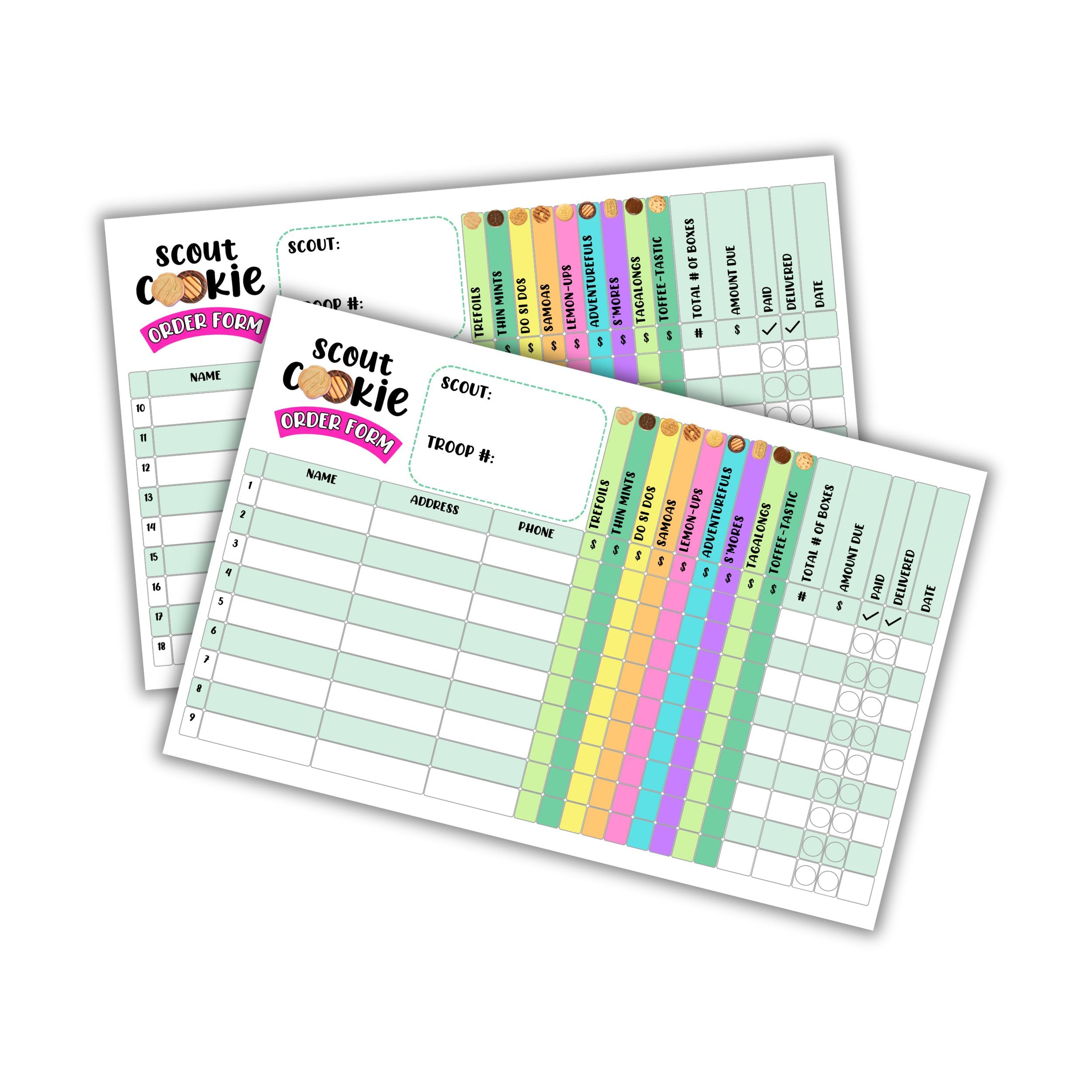Scout Cookie Order Form Grid with Cookies | 30 pk 8.5x5.5” Card Hand Out Neighbors Sales Tracker Booth Sold Here Door Hanger Thank you Stickers