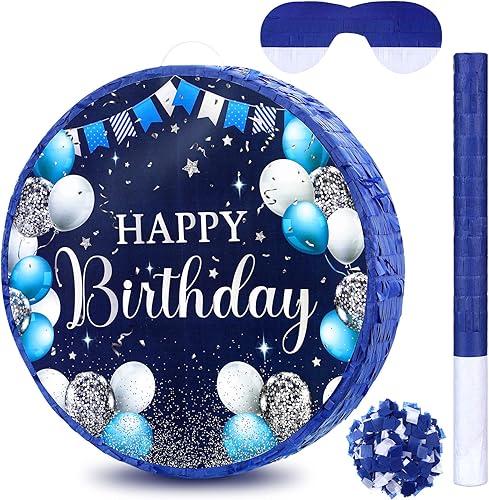 Sinmoe Piñata de cumpleaños con palo vendados y confeti para niños, niñas, hombres y mujeres, suministros de fiesta de cumpleaños (azul y plateado)