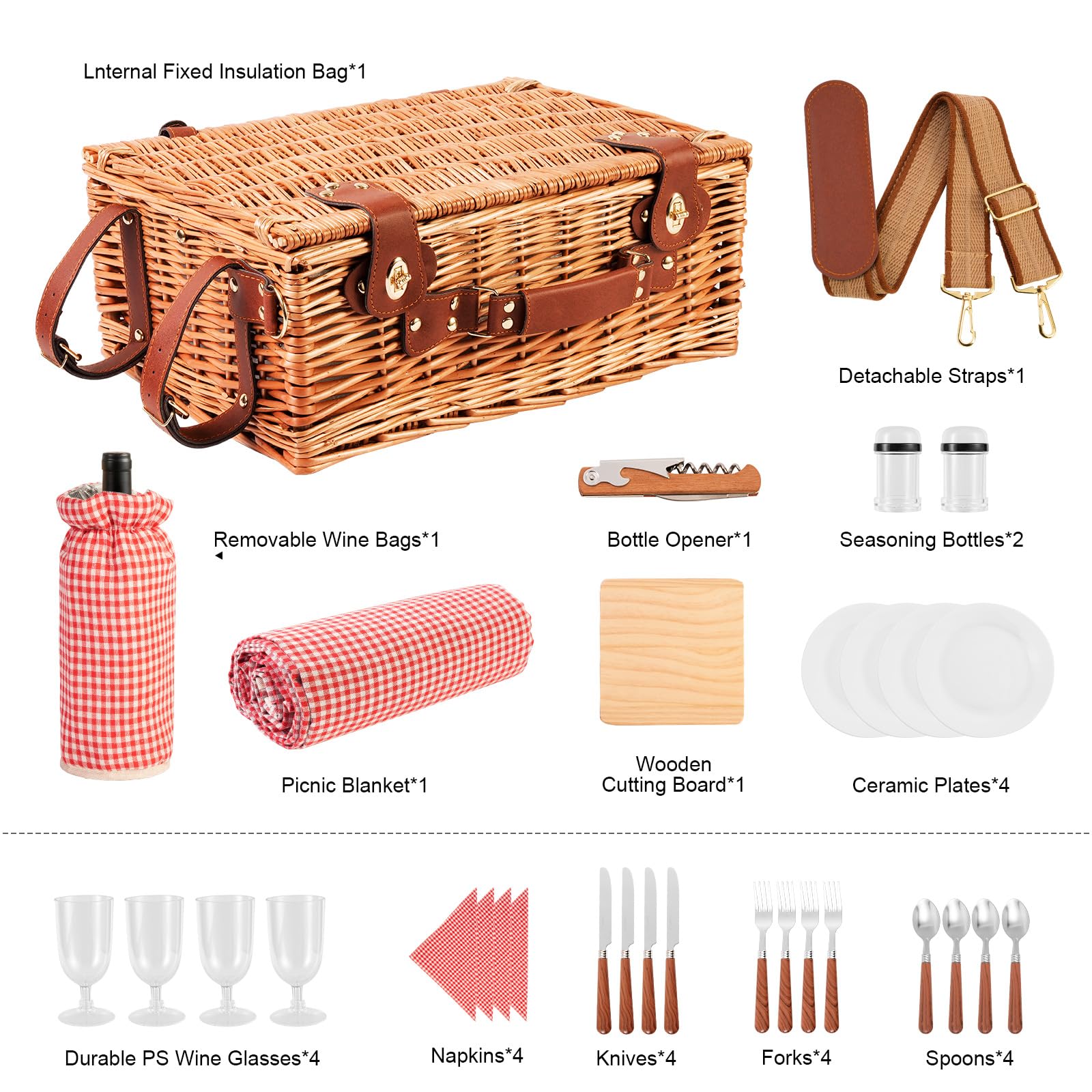 Set di cestini da picnic per 4 persone con scomparto refrigerante e coperta impermeabile