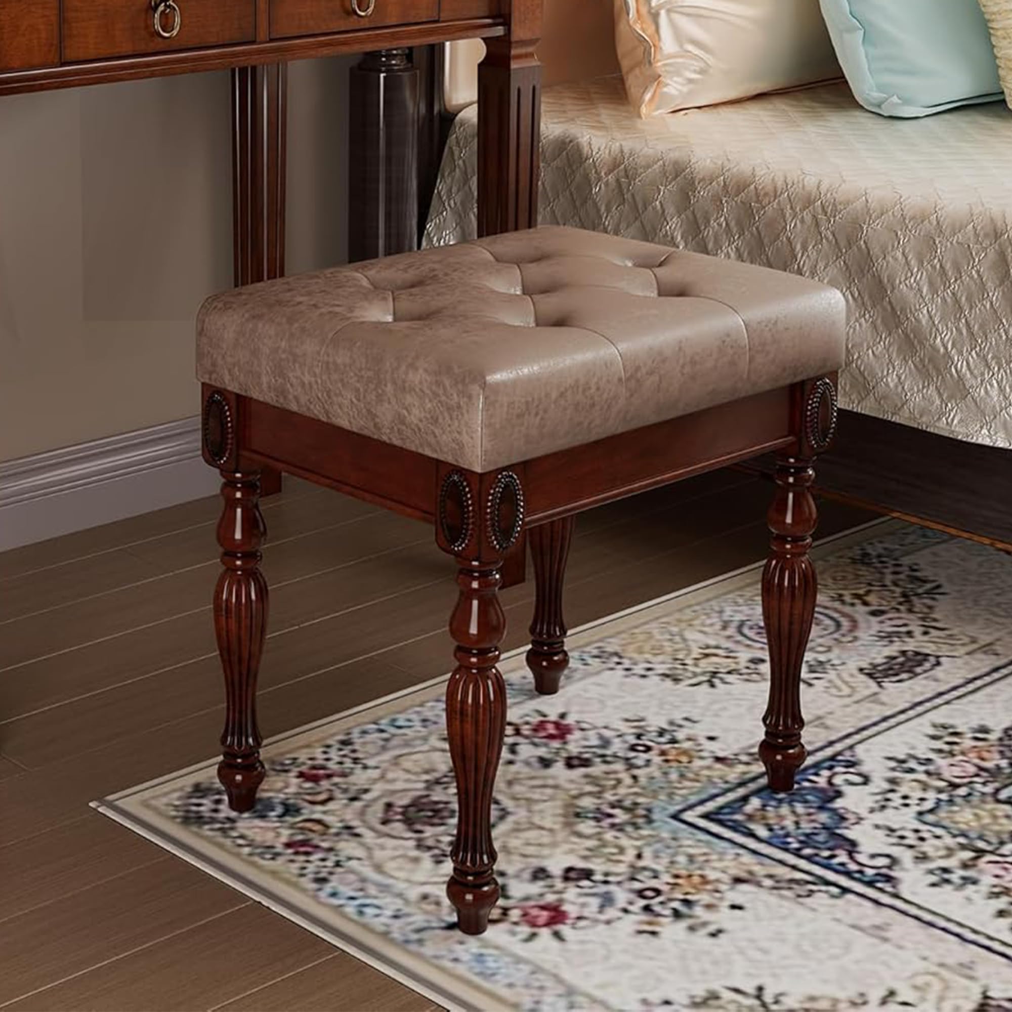 JESONVID Solid Wood Upholstered Vanity Bench, Small Vintage Ottoman Leather Tufted Foot Stool with Padded Cushion Seat Carved Footrest Rustic Legs for