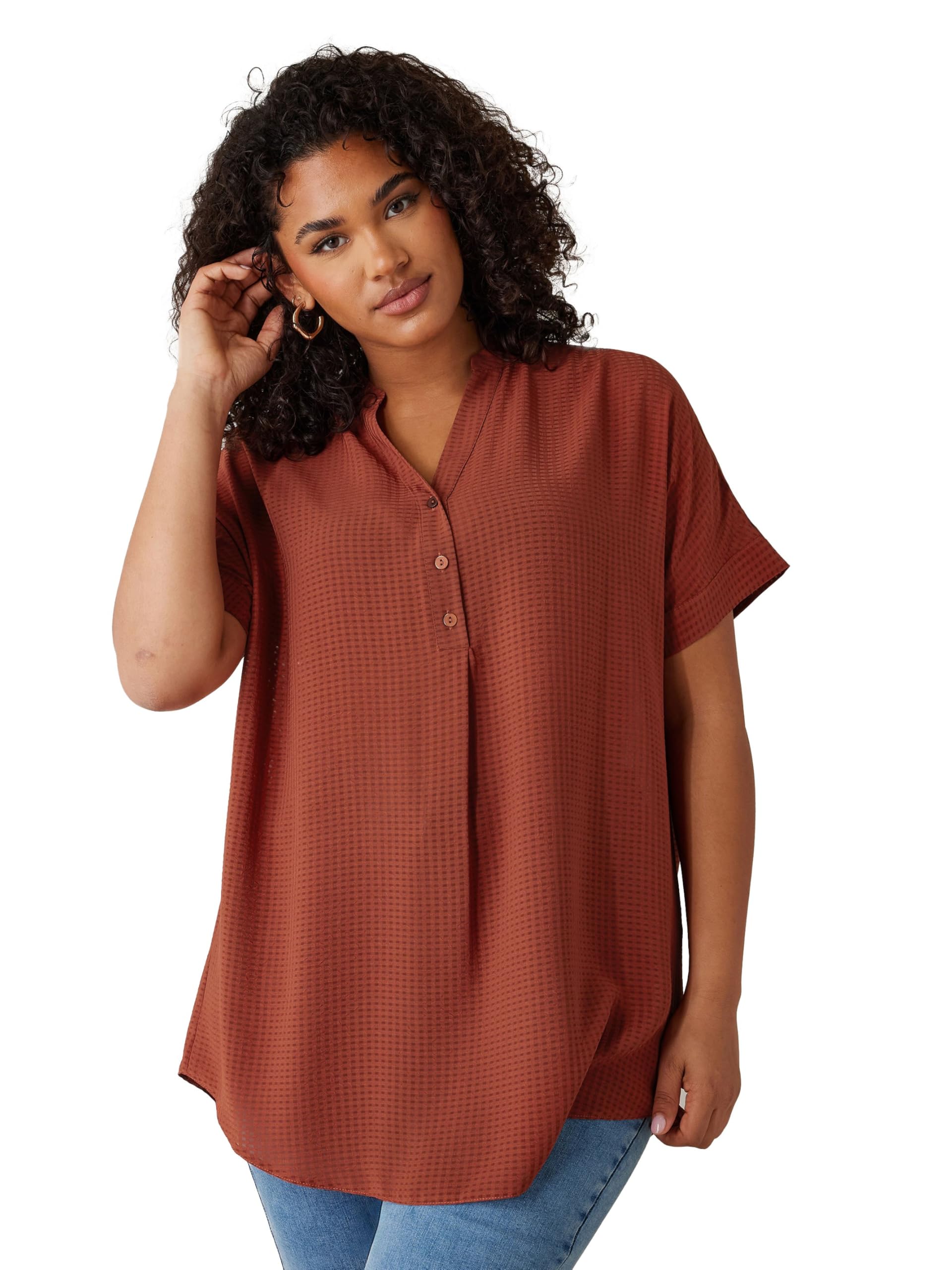 Evans Women's Brown Curve Woven Check Blouse - Plus Size Curve