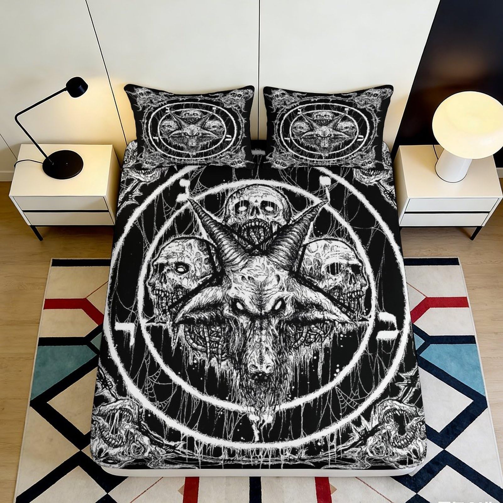 3D Printed Gothic Goat Skull Fitted Sheet Microfiber Black Occult Pattern Mattress Cover for Bedroom Decor 90x200x25cm