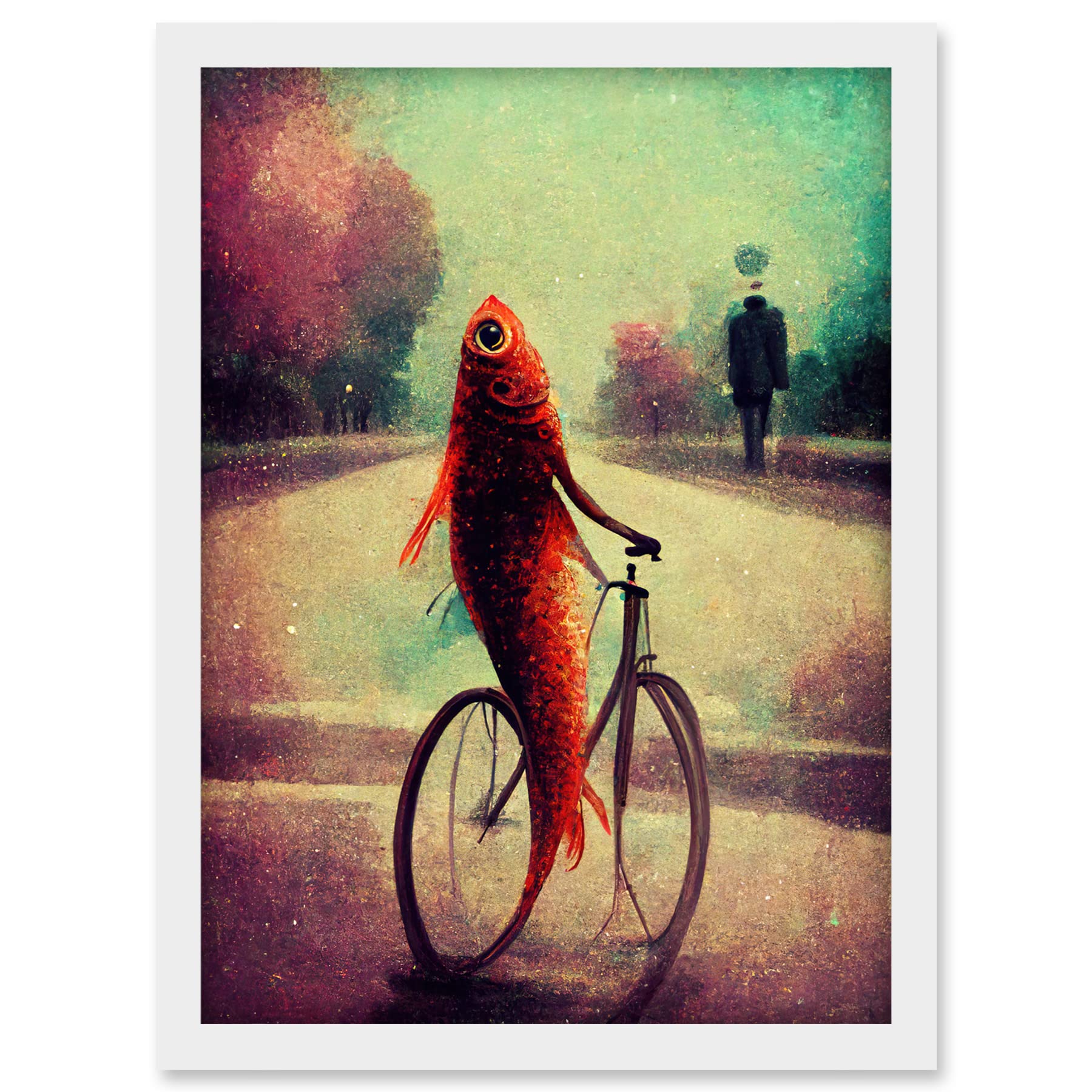 Doppelganger33 LTD Koi Fish With Bicycle Surrealism Purple Teal Park Dream Artwork Framed A3 Wall Art Print