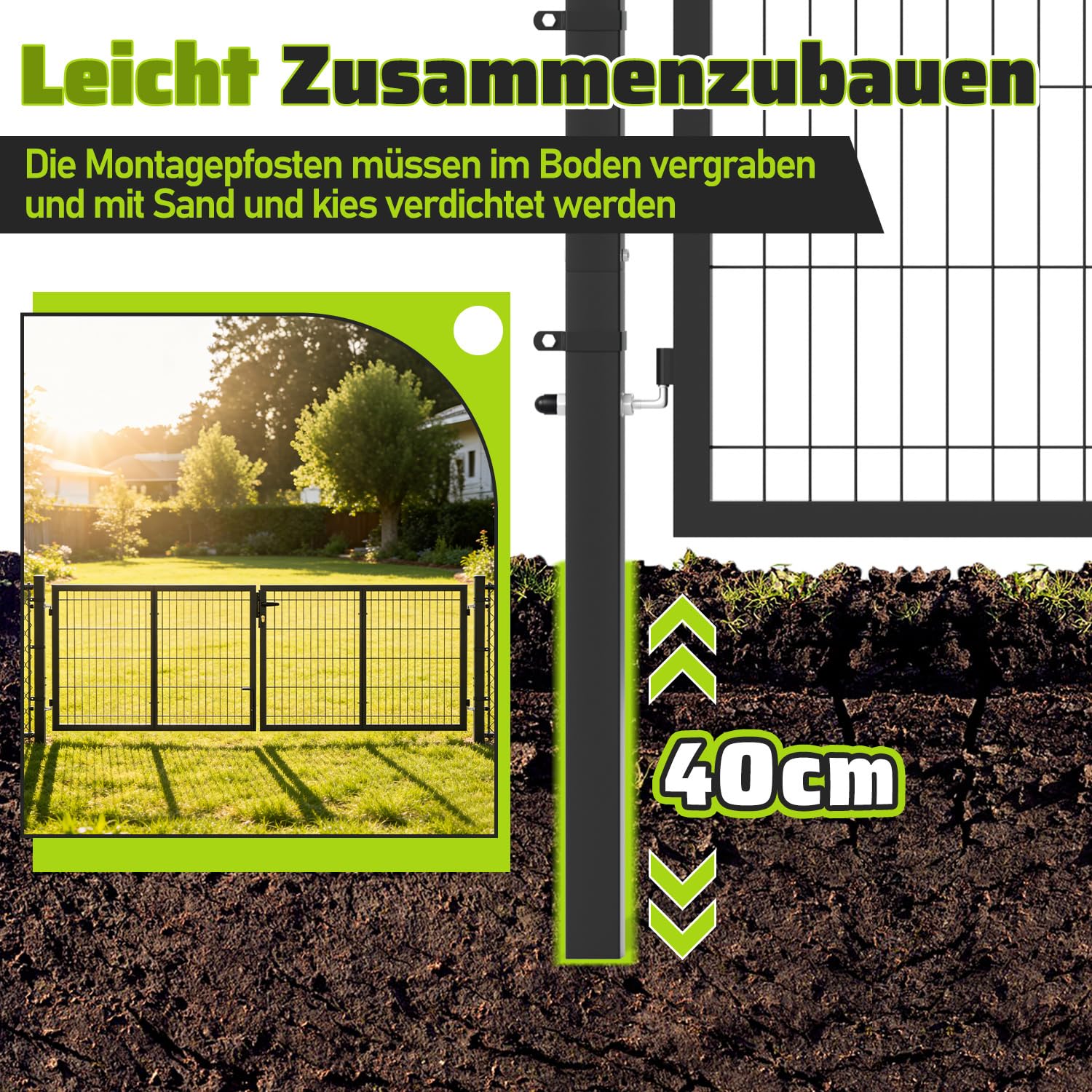 Cancello da giardino in metallo, porta a doppio battente, 300x100 cm, tubo quadrato, per giardino anteriore/terrazzo, per recinzione a doppio filo (Antracite).