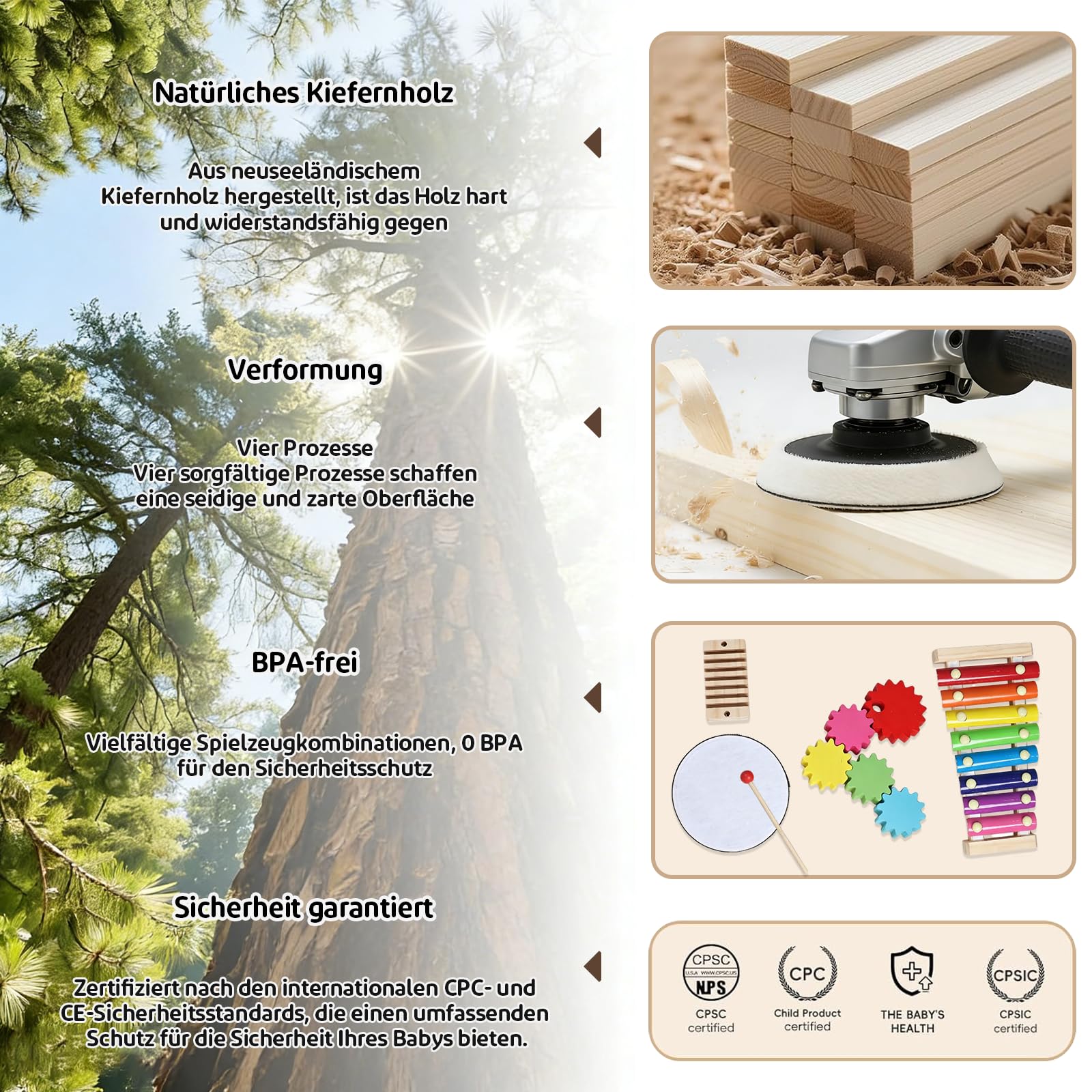 Laufstall Baby Faltbar mit Matratze&Spielplatte | 8 Stück, 150x150x60CM, Verstellbare Größe&Form, Indoor Spielplatz mit Montessori Spielplatte&Bälle, Babys Kleinkinder, Natur