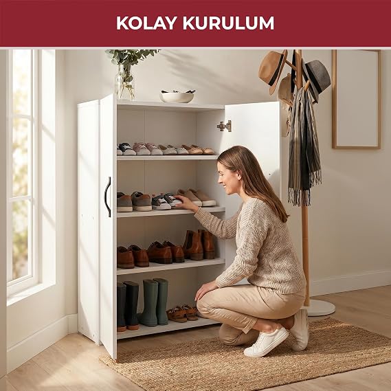 Pikas 2 Kapaklı 4 Raflı Çok Amaçlı Dolap Beyaz 59x30x100 cm | Suntalam Düzen Dolabı | Mutfak, Banyo, Antre, Ayakkabılık ve Ofis İçin