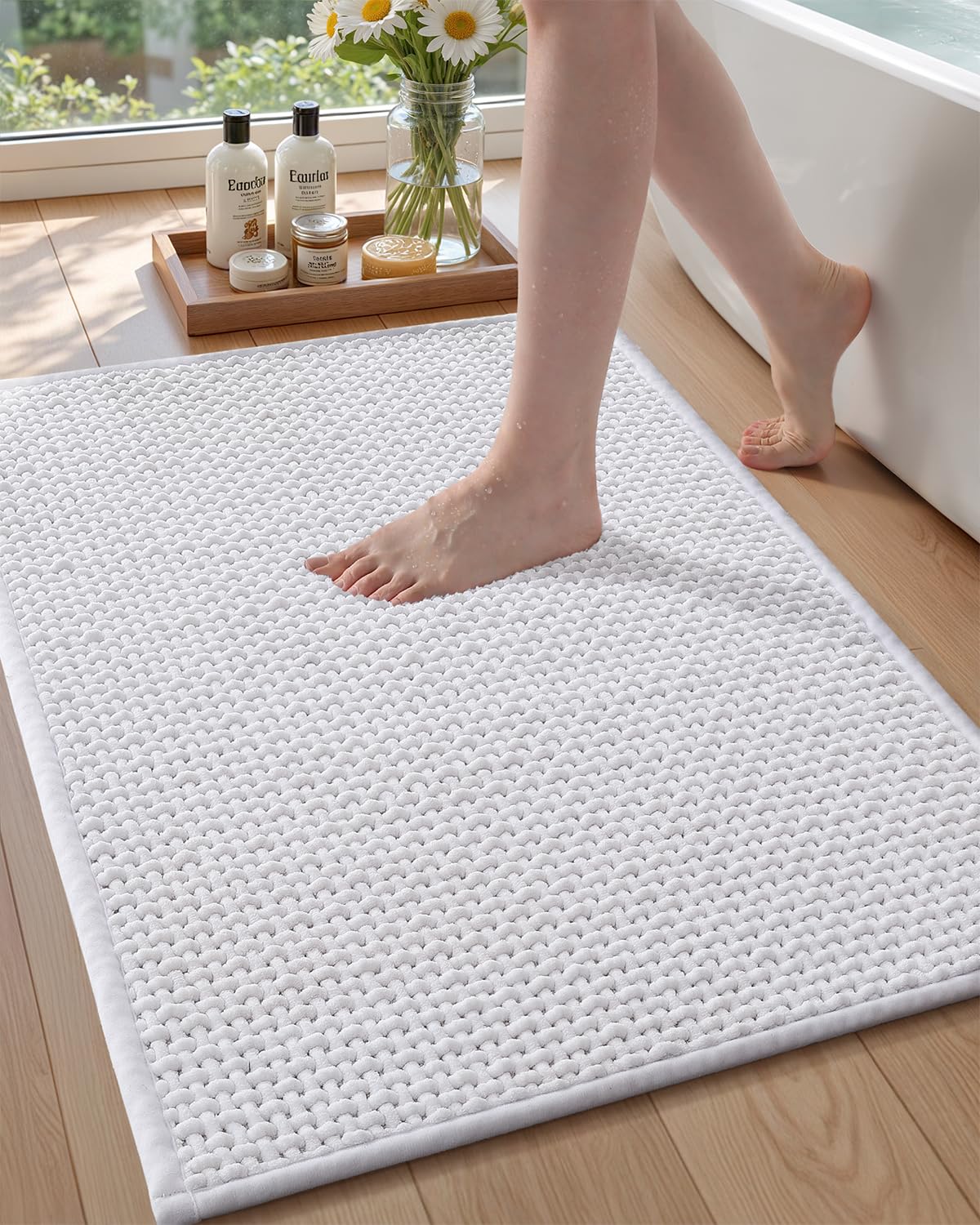 Photo 1 of Color&Geometry Rubber Backed Waffle Bath Mat 30x17,Non Slip Machine Washable Bathroom Rugs, Soft Absorbent Chenille Boho Carpet for Bathroom Floor, Tub and Shower, White