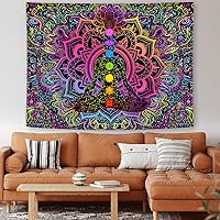 Vista 3 de Uokiuki Blacklight - Tapiz de 7 chakras reactivo a los rayos UV, tapiz de mano Hamsa, mandala bohemio, tapiz de luz negra, tapiz para colgar
