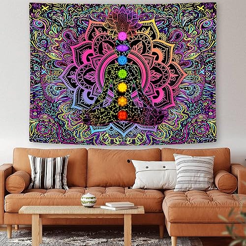 Miniatura 3 de Uokiuki Blacklight - Tapiz de 7 chakras reactivo a los rayos UV, tapiz de mano Hamsa, mandala bohemio, tapiz de luz negra, tapiz para colgar en la