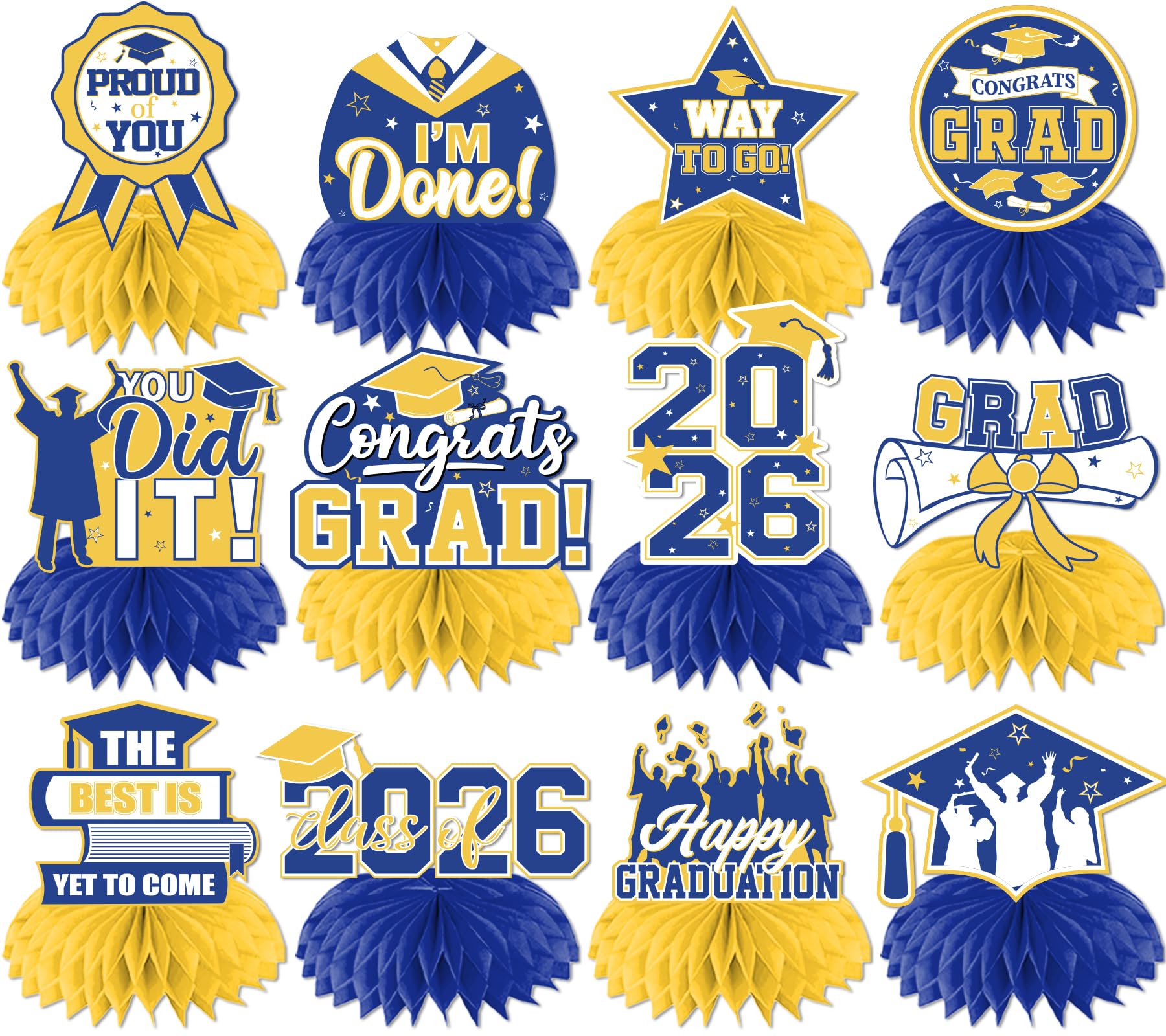 12Pcs Yellow and Blue Graduation Decorations Honeycomb Centerpieces, Class of 2026 Graduations Centerpieces for Tables Yellow and Blue Congrats Grad Graduation Table Decoration Grad Centerpiece