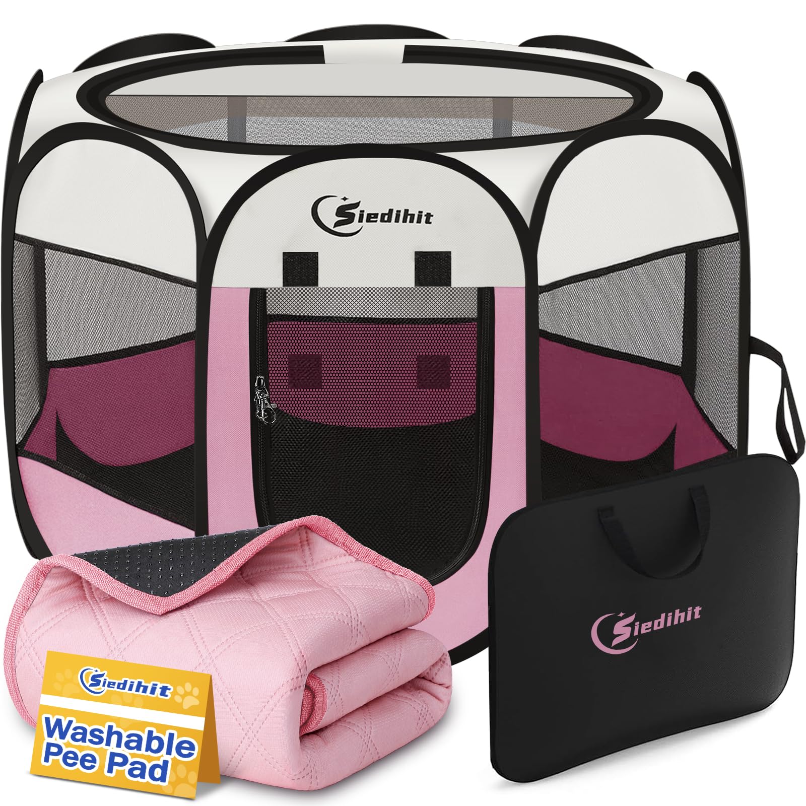 Siedihit Dog Cat Playpen, Puppy Pet Playpen Indoor for Small Dog Crate Tent Cage Outdoor, Portable Pop Up Dogs Enclosure Kennel with Carrying Case for Dogs/Cats/Rabbits(Pink, Small with pad)
