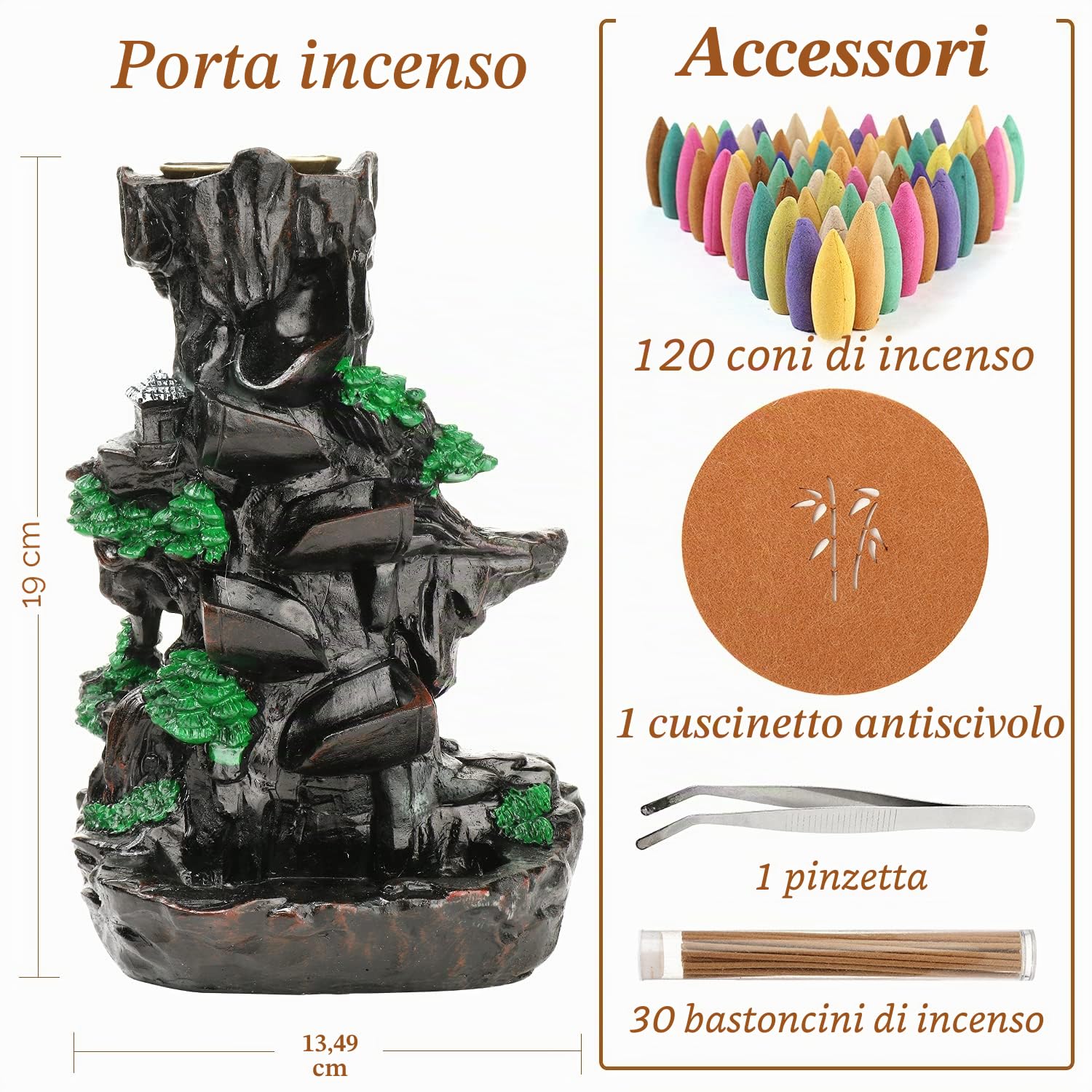 XUDREZ Porta incenso a flusso inverso, in resina, a cascata, porta coni di incenso, decorazione per la casa, idea regalo, con 120 coni