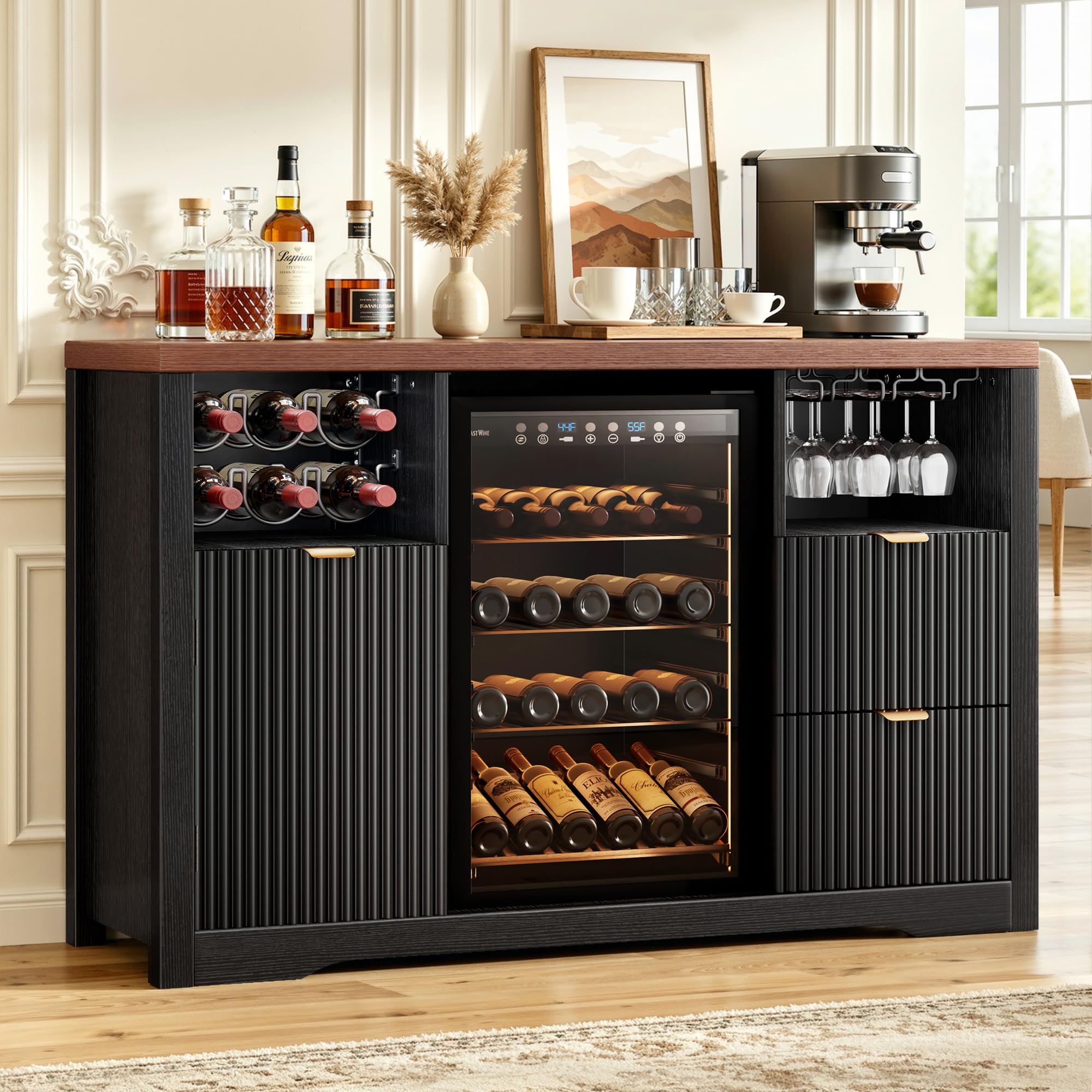 Coffee Bar Cabinet with Fridge Space, 53"Wine Cabinets with Storage Drawer