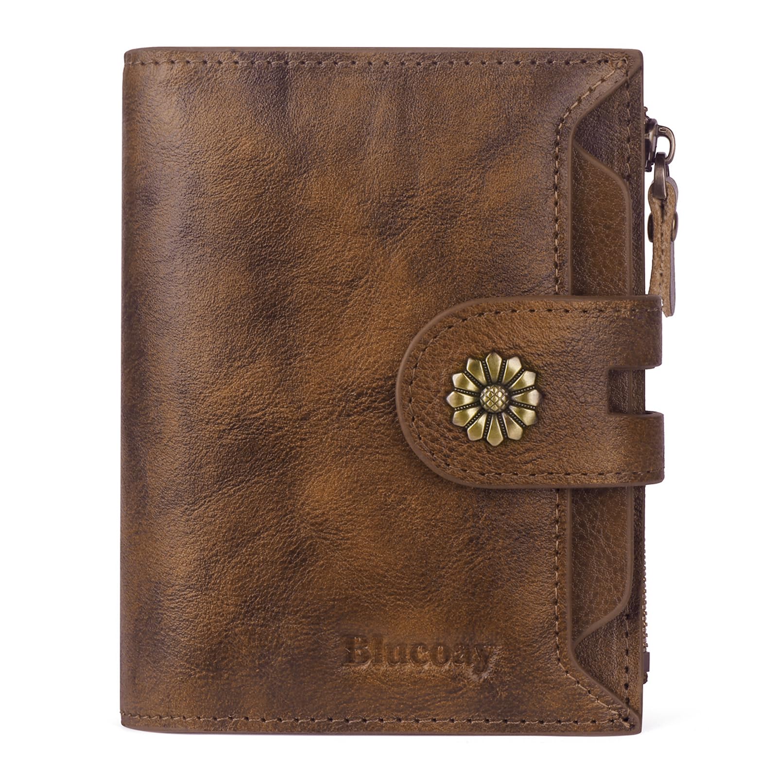 Blucoay Wallet Women,RFID Blocking Leather Womens Wallet Bifold Compact Card Holder Small Wallet for Women with Removable ID Window Darkbrown