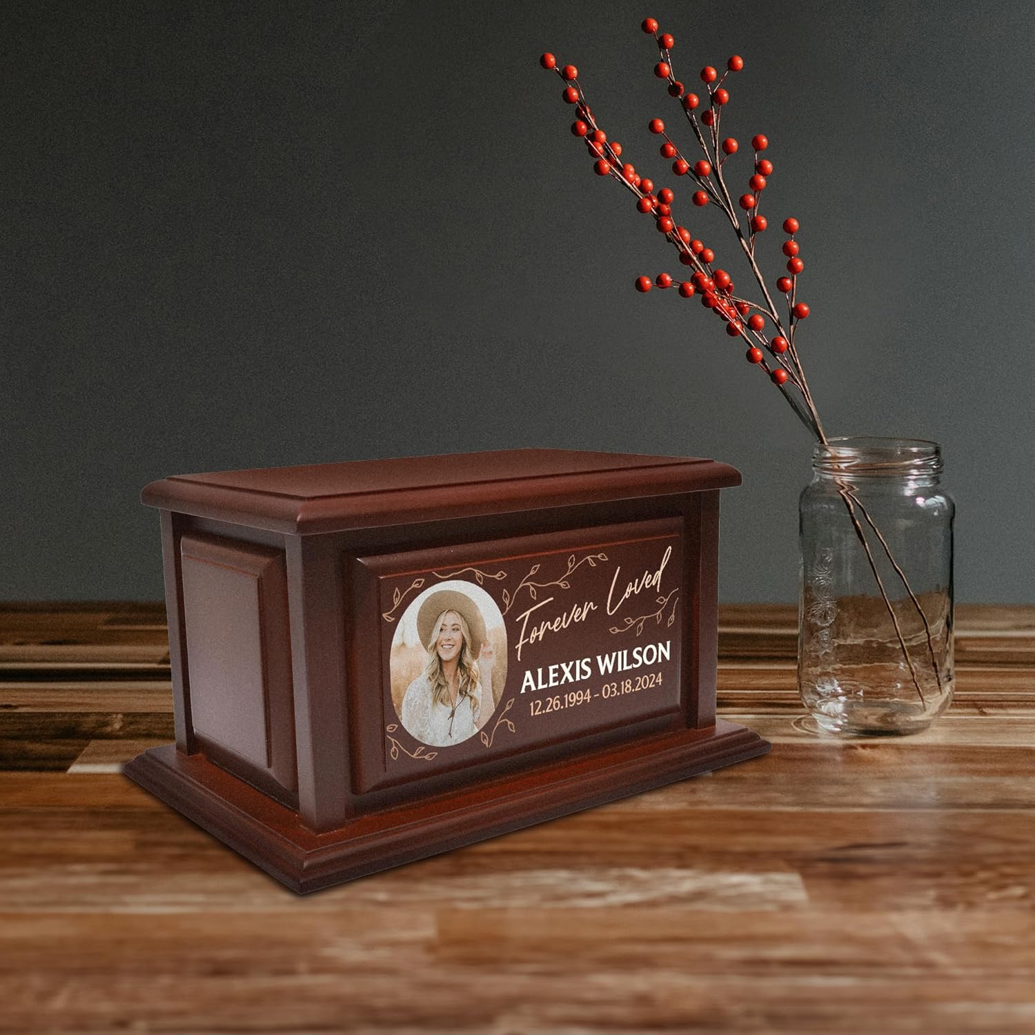 250lbs Personalized Urns for Ashes Made of Solid Pine Wood Custom Urn Box for Human Ashes Large Burial and Cremation Urns for Ashes, Cherry Wood Color Urns (Design 9)