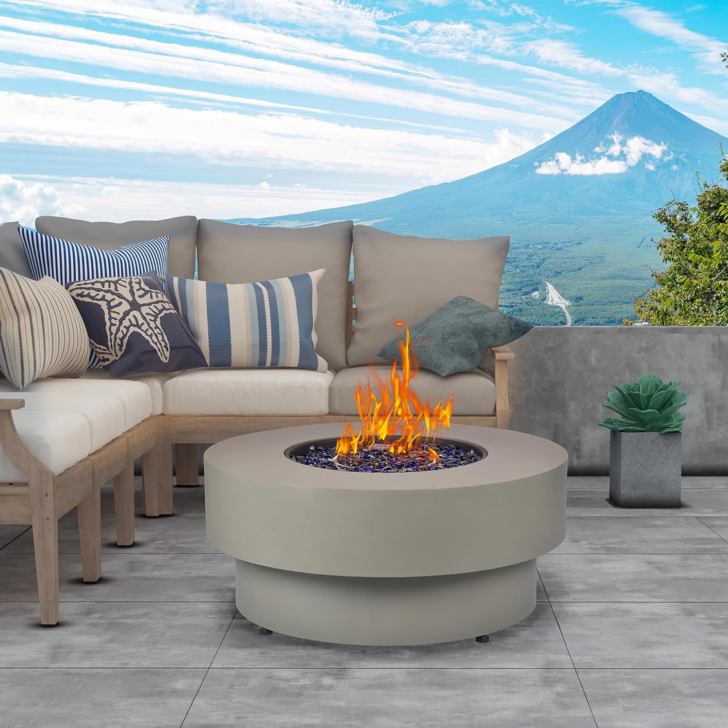 32-inch Outdoor Gas Fire Pit Table with Natural Gas Conversion Kit, 50,000BTU Propane Gas Fire Pits for Outside Patio w/Round Burner Lid, Glass Rocks, Cover