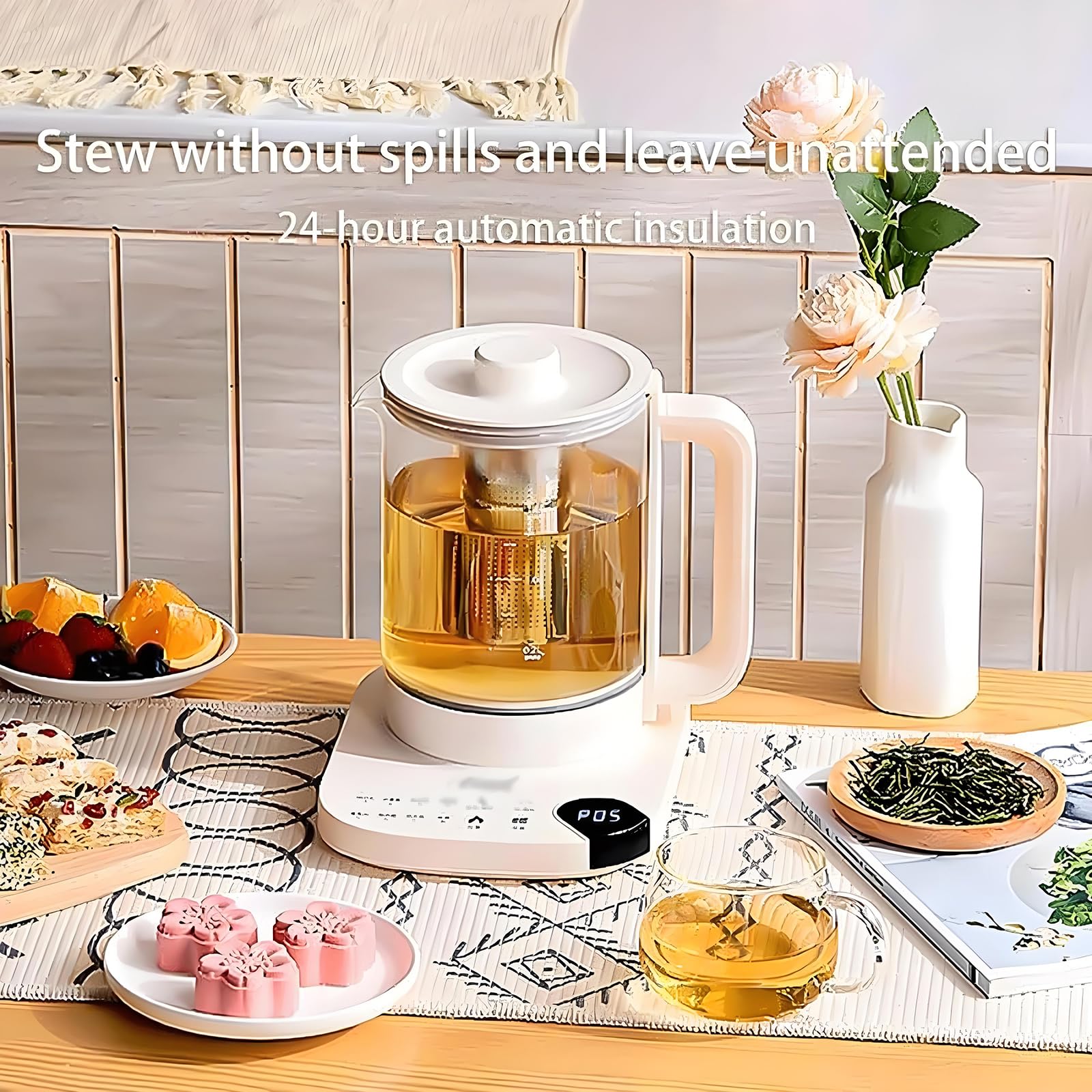 Té de Vidrio Inteligente Hervidor de Té, Tetera de Temperatura Variable, Té de 800W con 11 Prejuicios de Control de Temperatura, Teteras Eléctricas de 1.8 Litros con Infusor de Té Extraíble