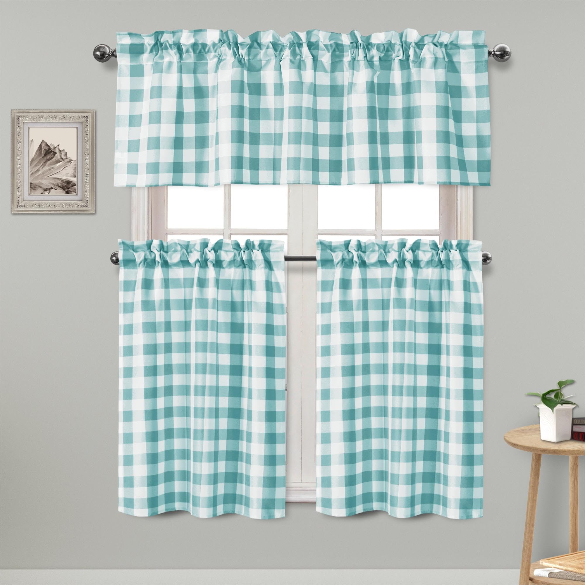 Hiasan 3 Piece Semi Sheer Kitchen Curtains - Light Filtering Buffalo Plaid Tier and Valance Window Curtains Set, Aqua and White, 52 W x 18 L (1 Panel)