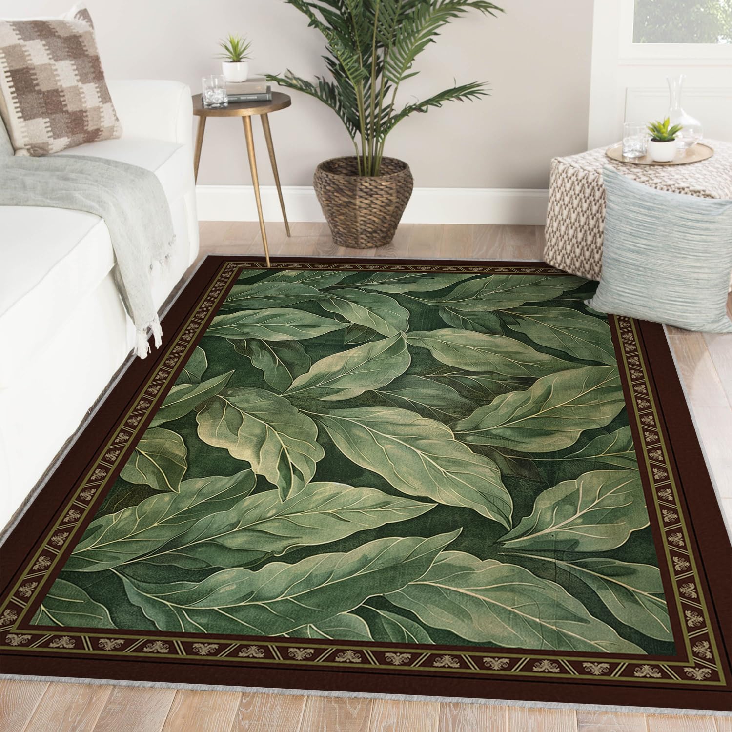 Dywaniki do wnętrz z brązowymi obramowaniami, 100 x 150 cm, zielony liść magnolii, dywan do sypialni, wiejskiego domu, vintage, styl naturalny, dekoracja podłogi, niskie runo, można prać