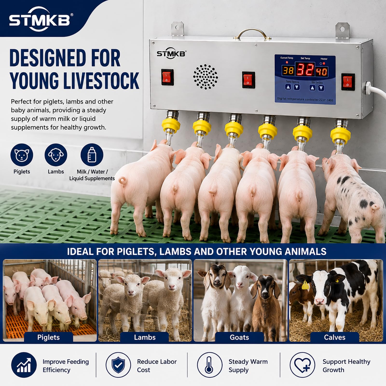 Distributore Automatico di Latte per Animali con Controllo della Temperatura, Alimentatore A Parete in Acciaio Inox A 6 Tettarelle con Pompa di Circolazione, Distributore di Latte E Acqua per