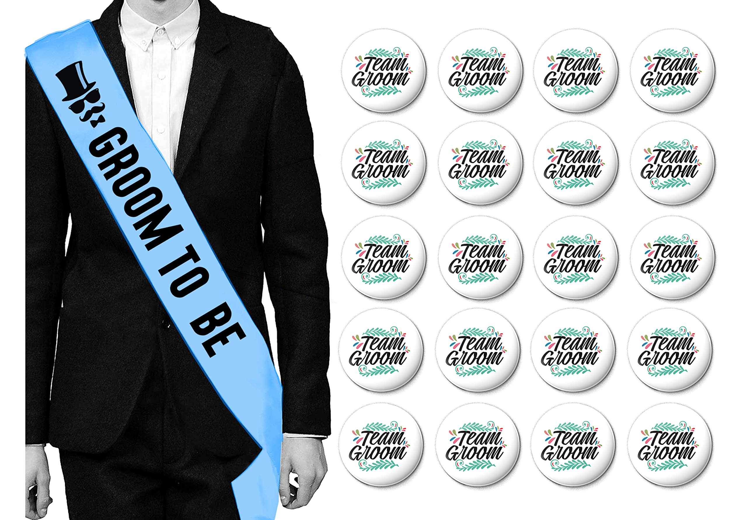 Hubops Groom to be sash with 20 pcs Team Groom pin Badge for Bachelors Party Props Supply Decorationh Combo Pack (Blue Combo)