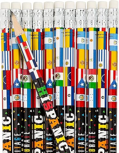 Fun Express Lápices del Mes de la Herencia Hispana Juego a granel de 24 Suministros para maestros de aula, recompensas y folletos