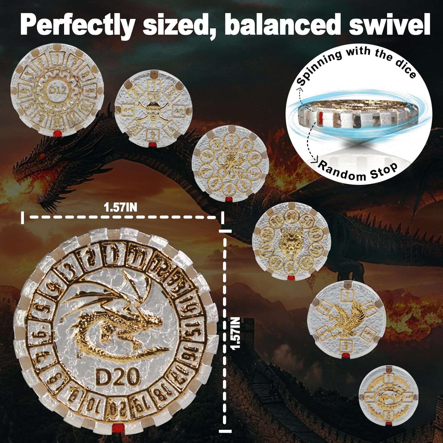 Metal DND Dice Set, 7 Spinning Dice, Metal Spinning Dice, D&D Role Playing Dice Set for Dungeons and Dragons, D&D or Crime Themed Tabletop Games (Silver and Gold)