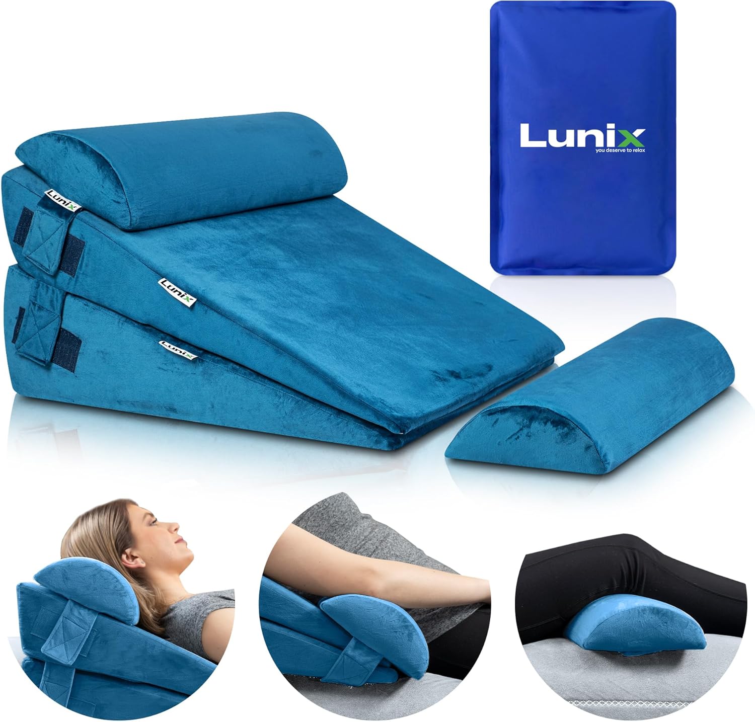 Lunix 4pcs Orthopedic Bed Wedge Pillow Set, Post Surgery Memory Foam for Back, Leg, and Knee Pain Relief, Adjustable Sitting Pillow for Sleeping, Acid Reflux, and GERD, with Hot Cold Pack, Blue