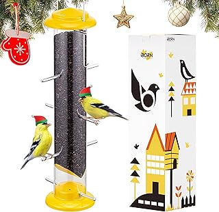 iBorn Finch Feeders for Outside,Nyjer/Thistle Bird Feeder,14 Inch Tube Bird Feeders for Outdoors Hanging,Metal Finch Feeders for Thistle Seed with 12 Small Ports,8 Metal Perches,Yellow,Pack of 1