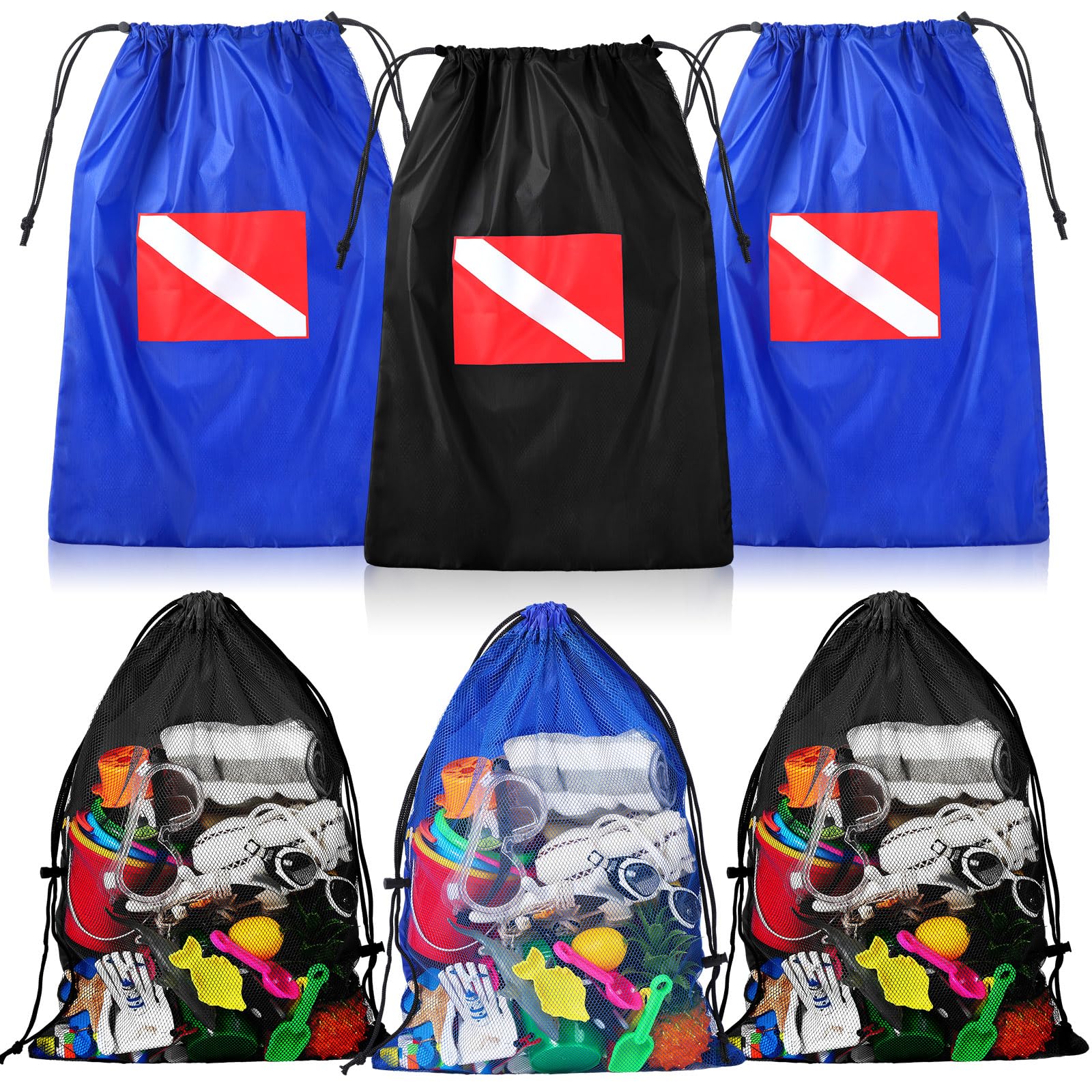 Dansydaisy 6 Packs Mesh Gear Bag for Snorkel Equipment Oversized 18 x 26 Inch Nylon Mesh Dive Drawstring Bags Pool Swim Duffle for Swimming Beach Gear Sports Equipment