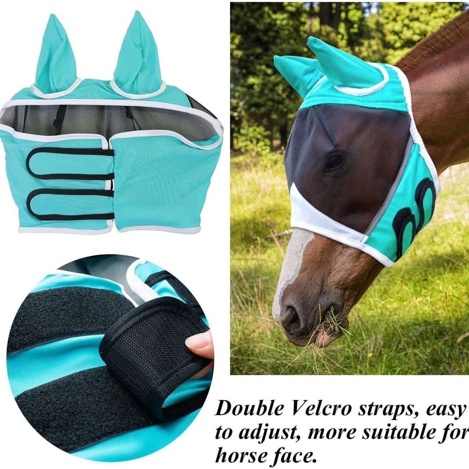 Masque anti-mouches cheval protection nasale UV, couvre-nez maille respirante poney cob shetland, fermeture velcro réglable