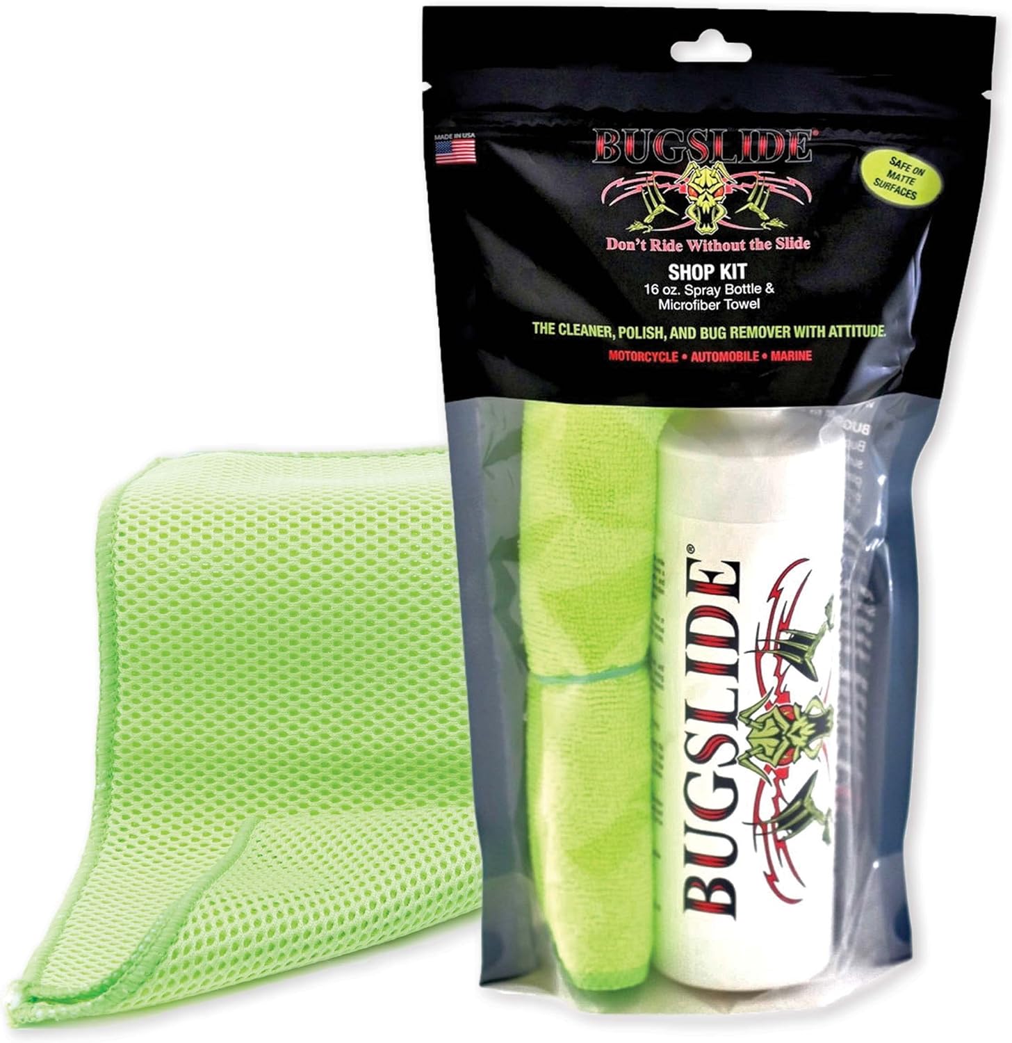 BugSlide Cart Combo - Shop Kit 16oz Spray Bottle Cleaner with Microfiber Towel and Mesh X-Treme Cloth - Multisurface Cleaning and Car Detailing Solution that Shines and Degreases Without Scratching