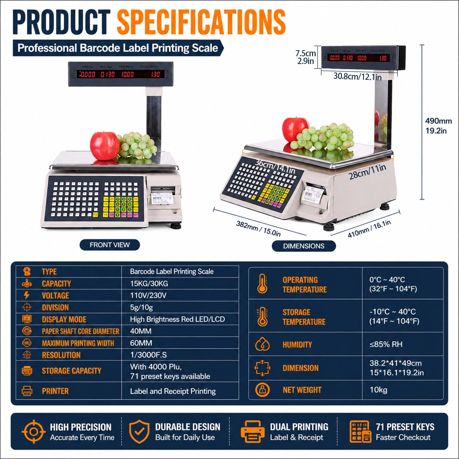 Báscula Electrónica Peso Precio para Tienda, 15kg/30kg Balanza Comercial Profesional con Impresora Ticket Térmico, Pantalla LCD Doble Vista, 71 Teclas Rápidas PLU(15kg/5g)