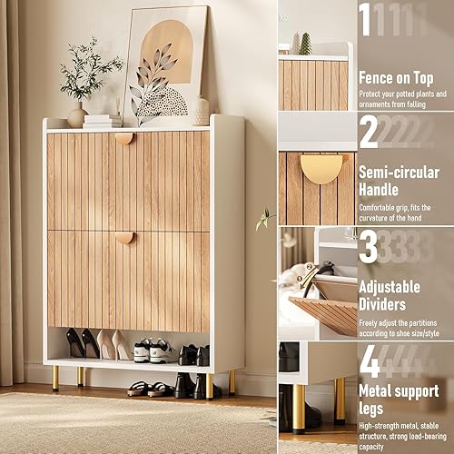 Miniatura 4 de Armario de almacenamiento de zapatos con 2 cajones abatibles de 46 pulgadas de alto, organizador de zapatos oculto de 7 niveles, armario estrecho